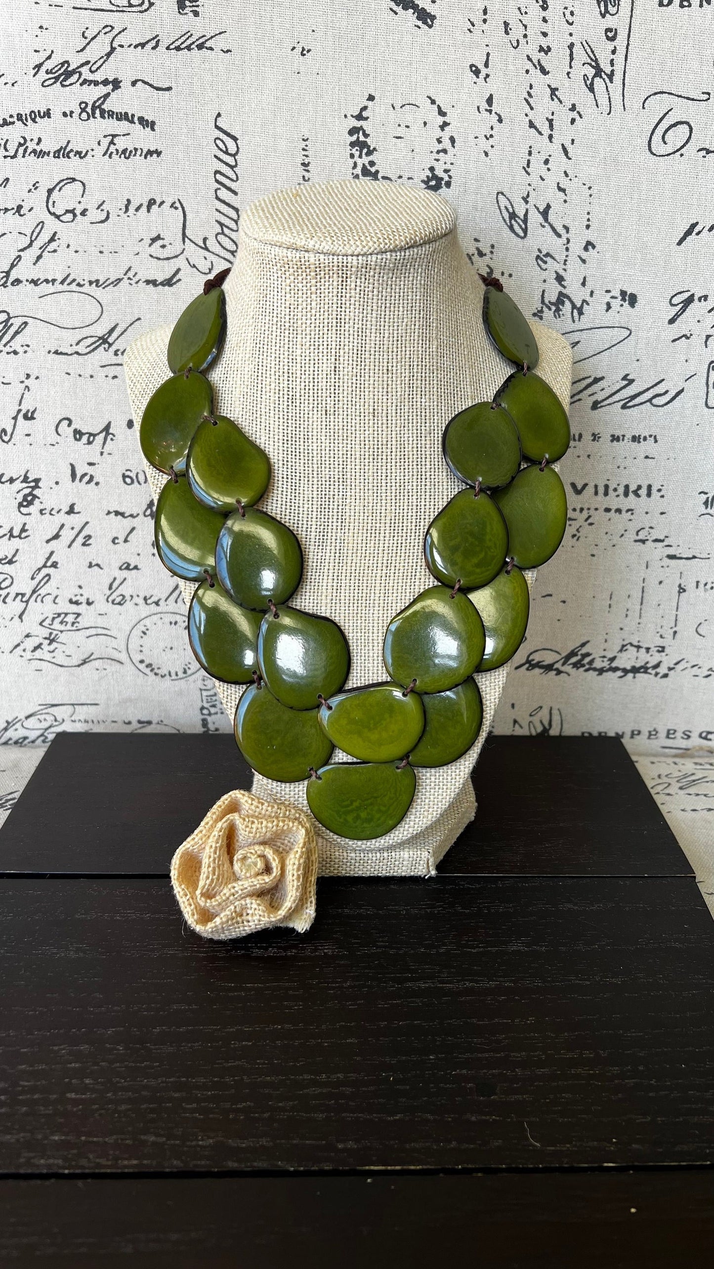 Olive green statement necklace Tagua jewelry Big bold chunky necklace Spring fashion trends Double layer bib Anniversary gift 2 two Strand