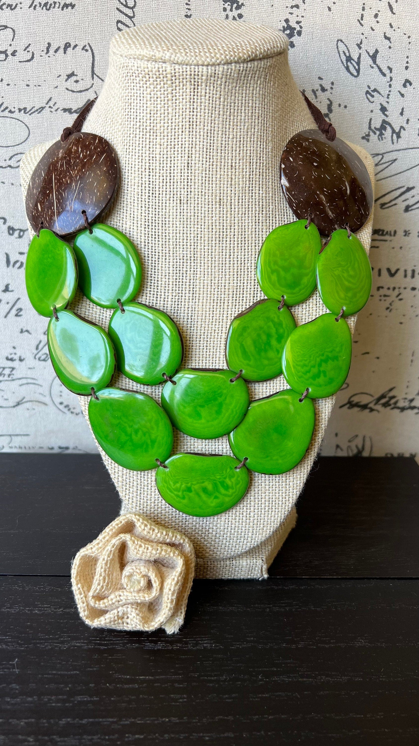 Green statement necklace Tagua jewelry with coconut shell accent Big bold chunky necklace Spring fashion trends Double layer bib Lightweight