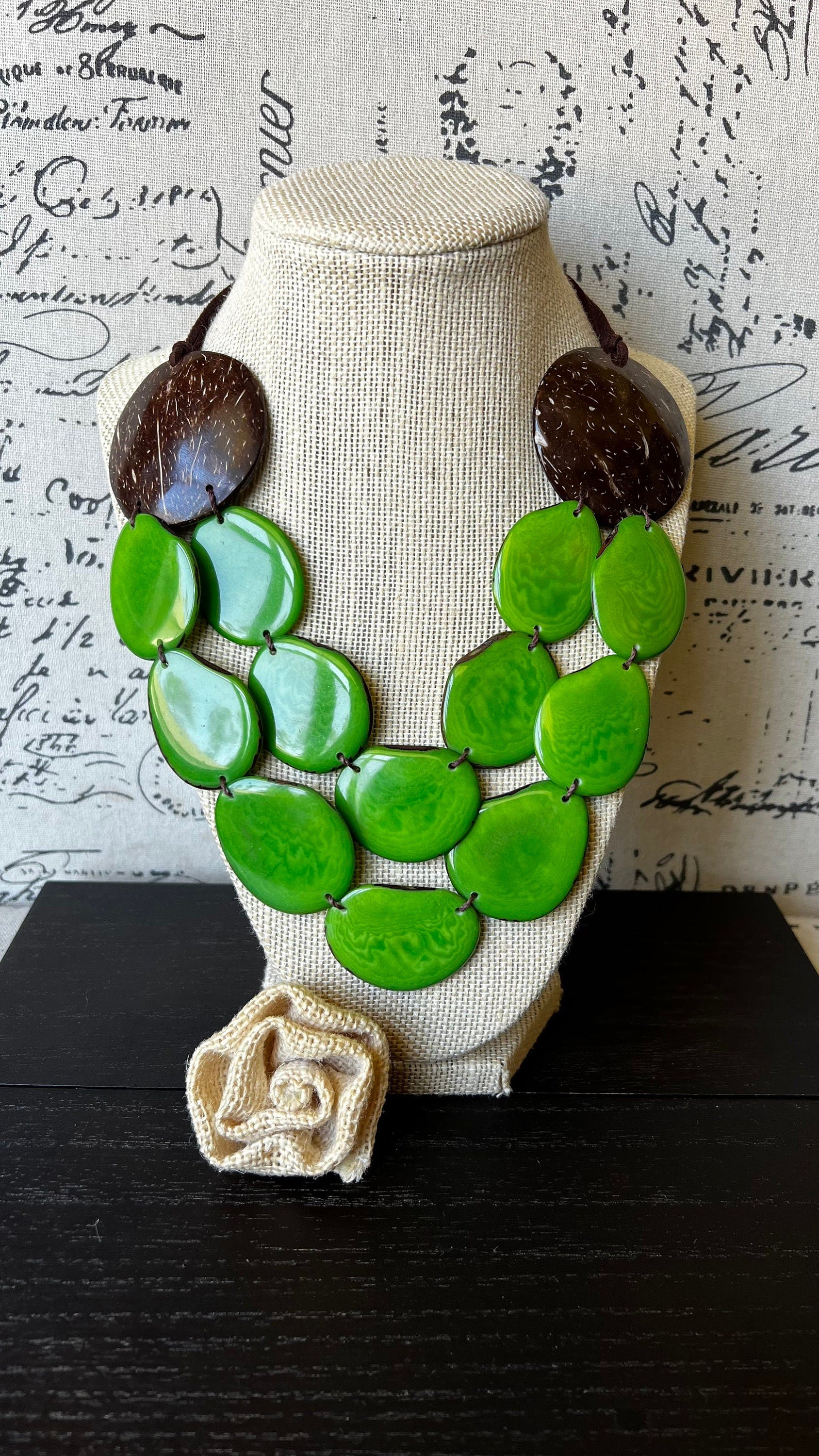 Green statement necklace Tagua jewelry with coconut shell accent Big bold chunky necklace Spring fashion trends Double layer bib Lightweight