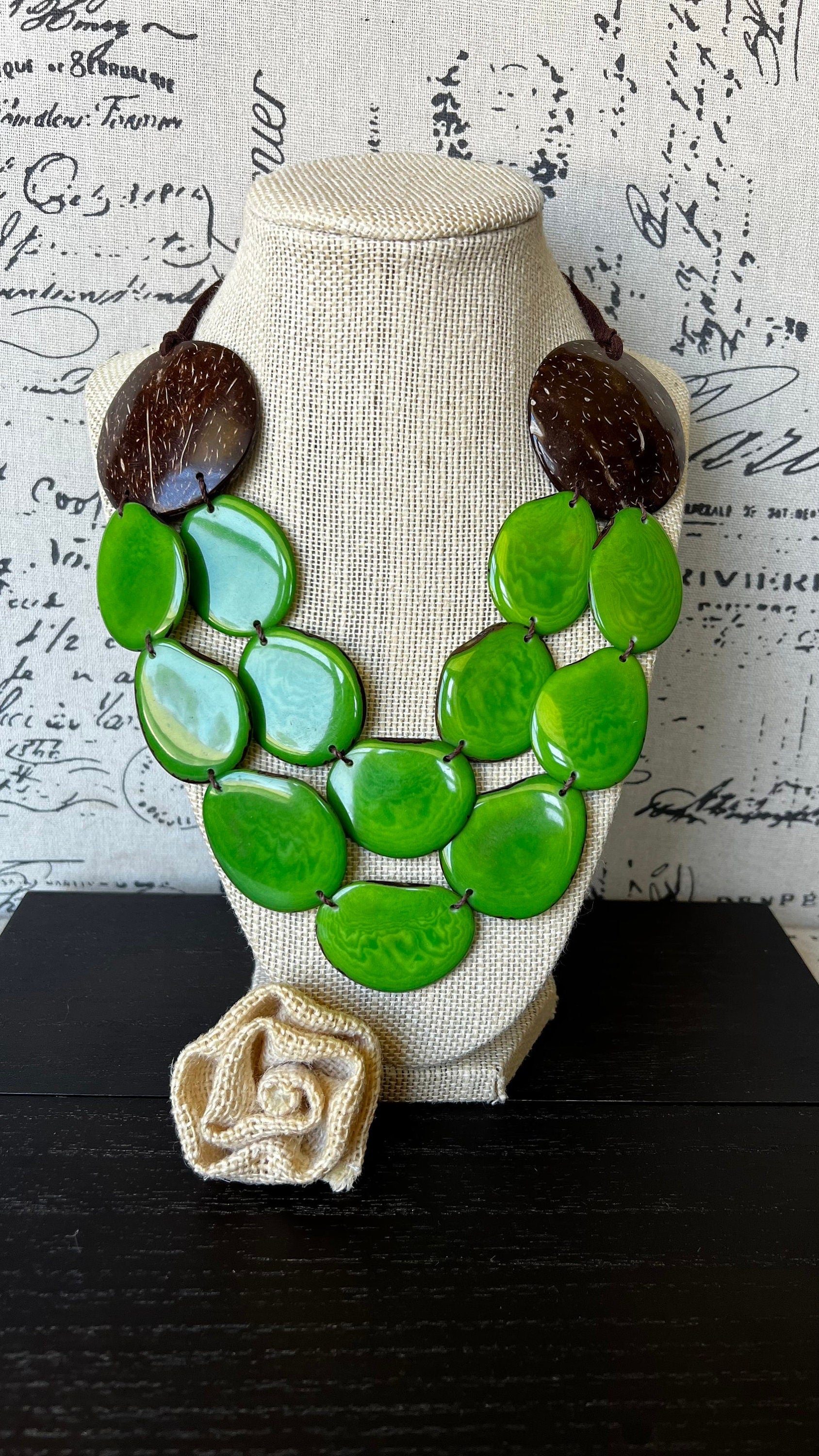 Green statement necklace Tagua jewelry with coconut shell accent Big bold chunky necklace Spring fashion trends Double layer bib Lightweight