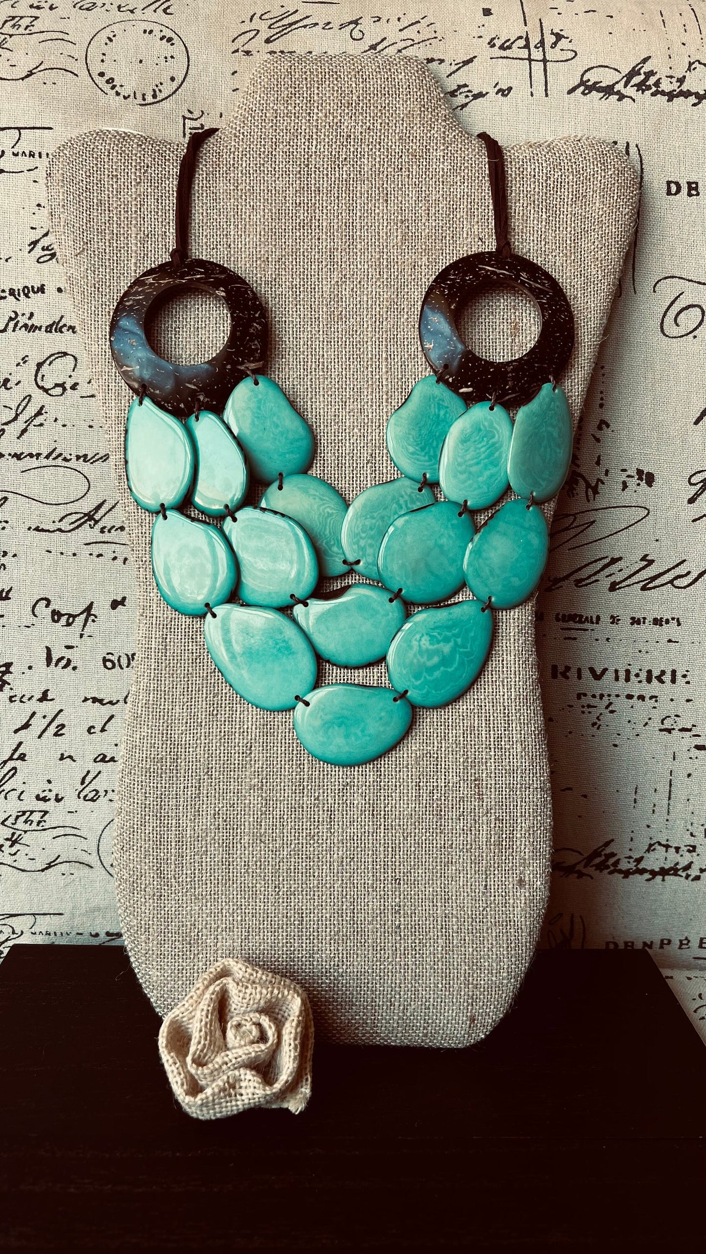 Turquoise green Tagua necklace with coconut shell accents Statement necklace Layered beaded bib with leather strap Big bold chunky necklace