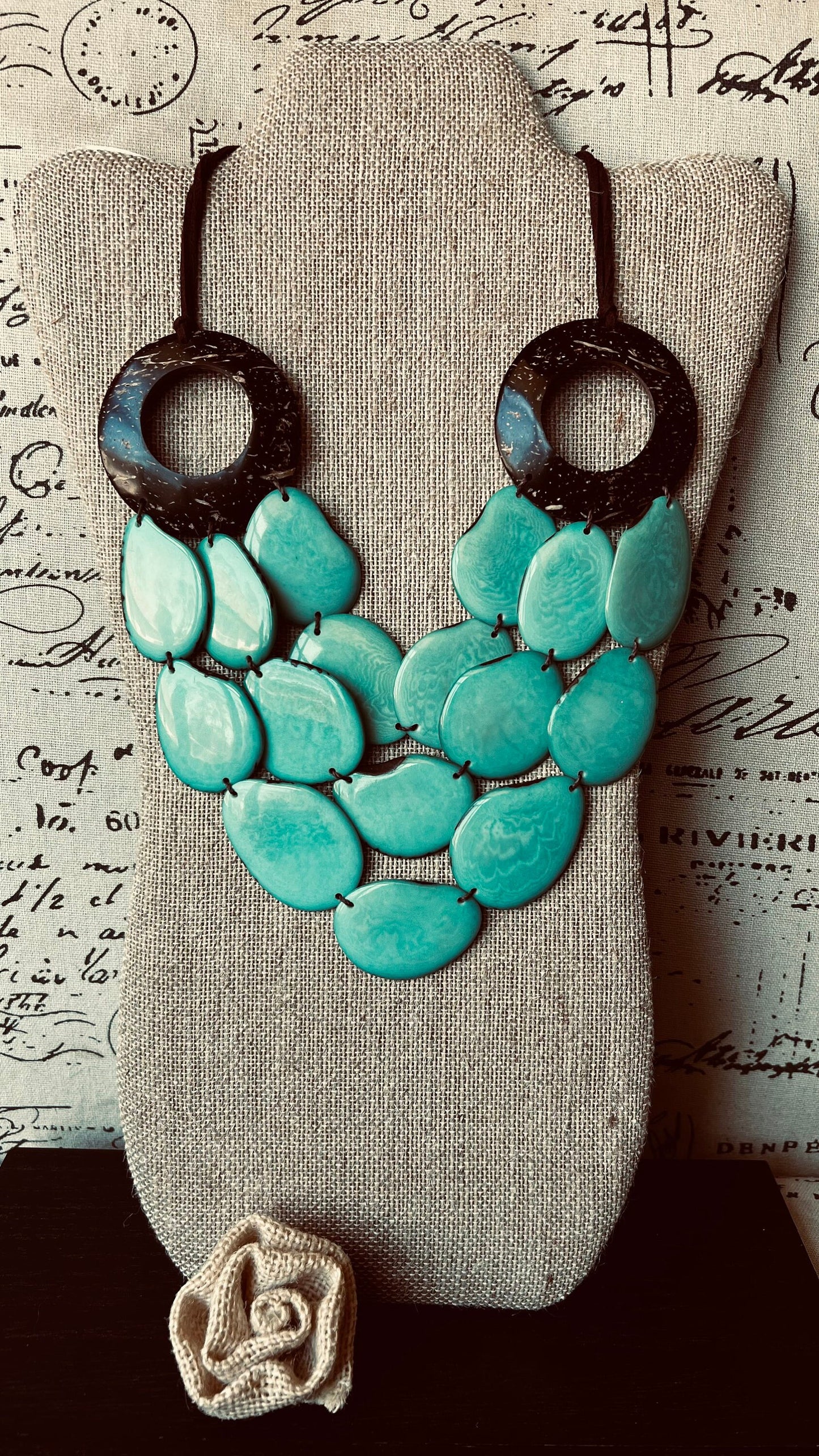 Turquoise green Tagua necklace with coconut shell accents Statement necklace Layered beaded bib with leather strap Big bold chunky necklace