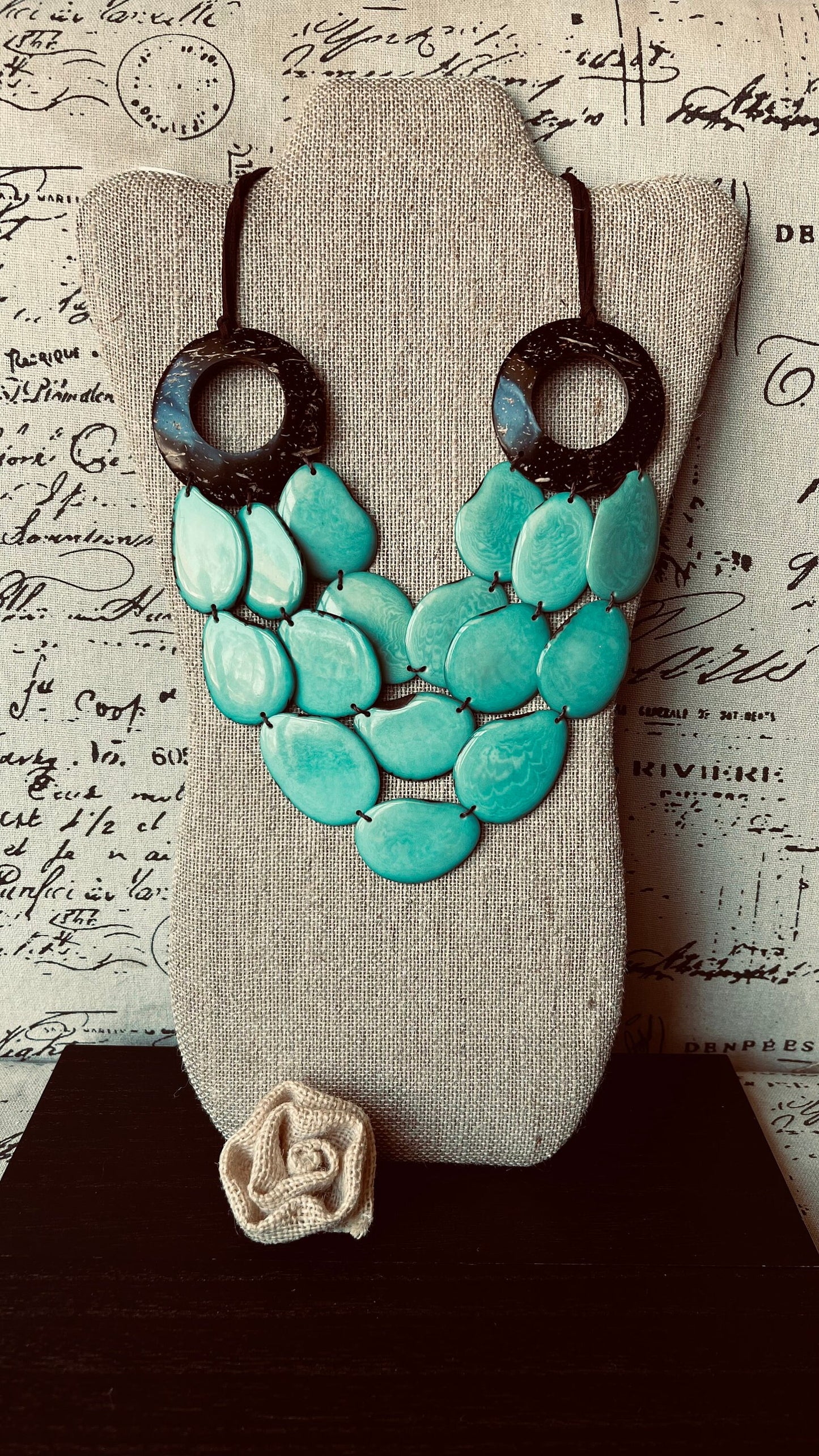 Turquoise green Tagua necklace with coconut shell accents Statement necklace Layered beaded bib with leather strap Big bold chunky necklace