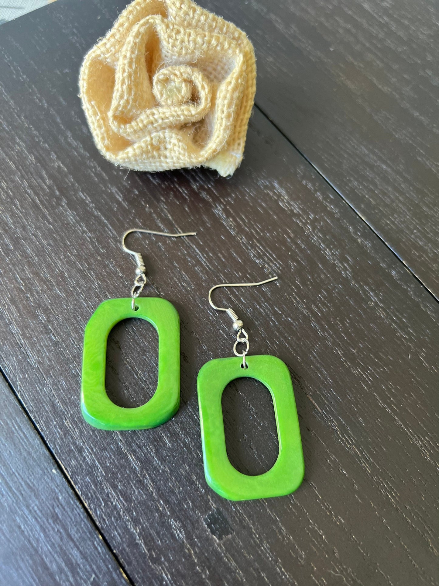 Green geometric earrings Tagua nut jewelry Mod boho earrings Rectangle jewelry Long statement dangles Artisan handmade Beach fashion style