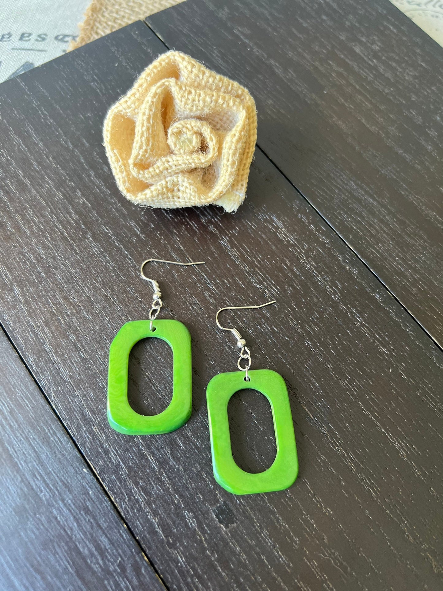 Green geometric earrings Tagua nut jewelry Mod boho earrings Rectangle jewelry Long statement dangles Artisan handmade Beach fashion style