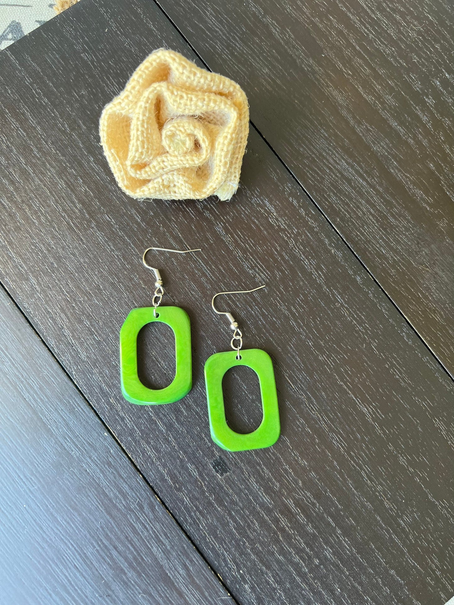 Green geometric earrings Tagua nut jewelry Mod boho earrings Rectangle jewelry Long statement dangles Artisan handmade Beach fashion style