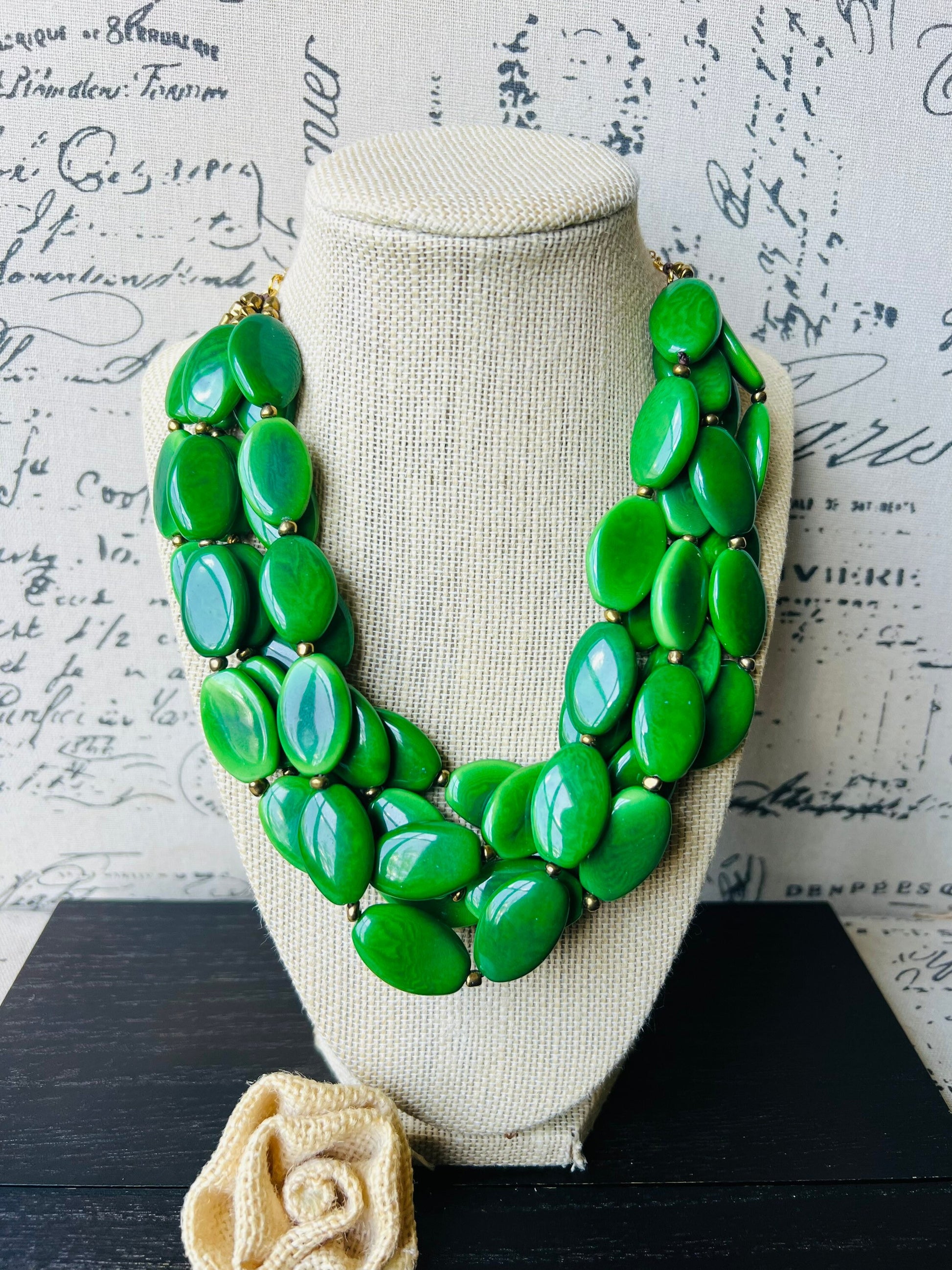 Green fashion multi strand necklace Mother's day gifts Tagua nut necklace Statement beaded bib necklace for women Big bold chunky necklace