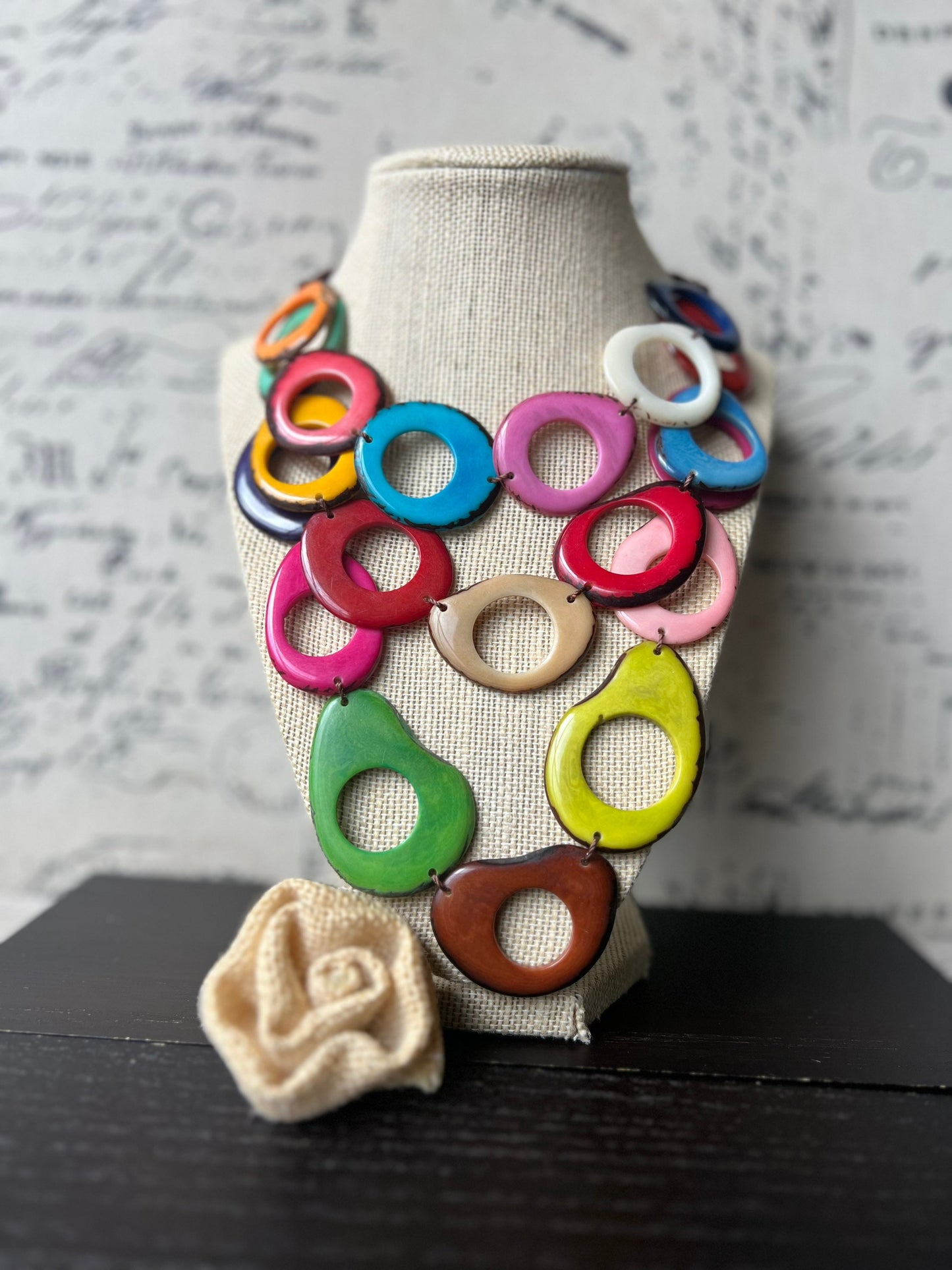 Triple Beaded Tagua Necklace Chunky statement rainbow necklace Big beaded necklace Three layered collar 3 multi strands lightweight necklace