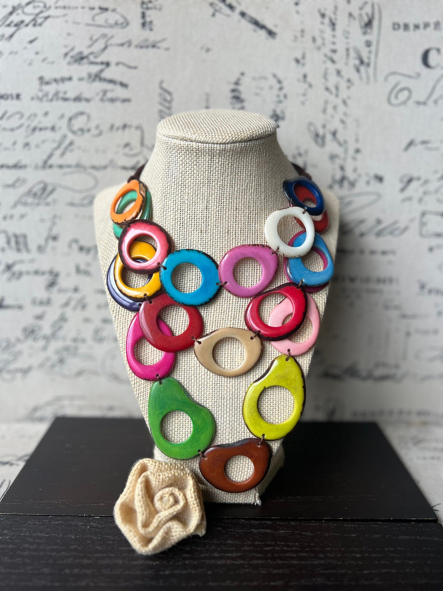 Triple Beaded Tagua Necklace Chunky statement rainbow necklace Big beaded necklace Three layered collar 3 multi strands lightweight necklace