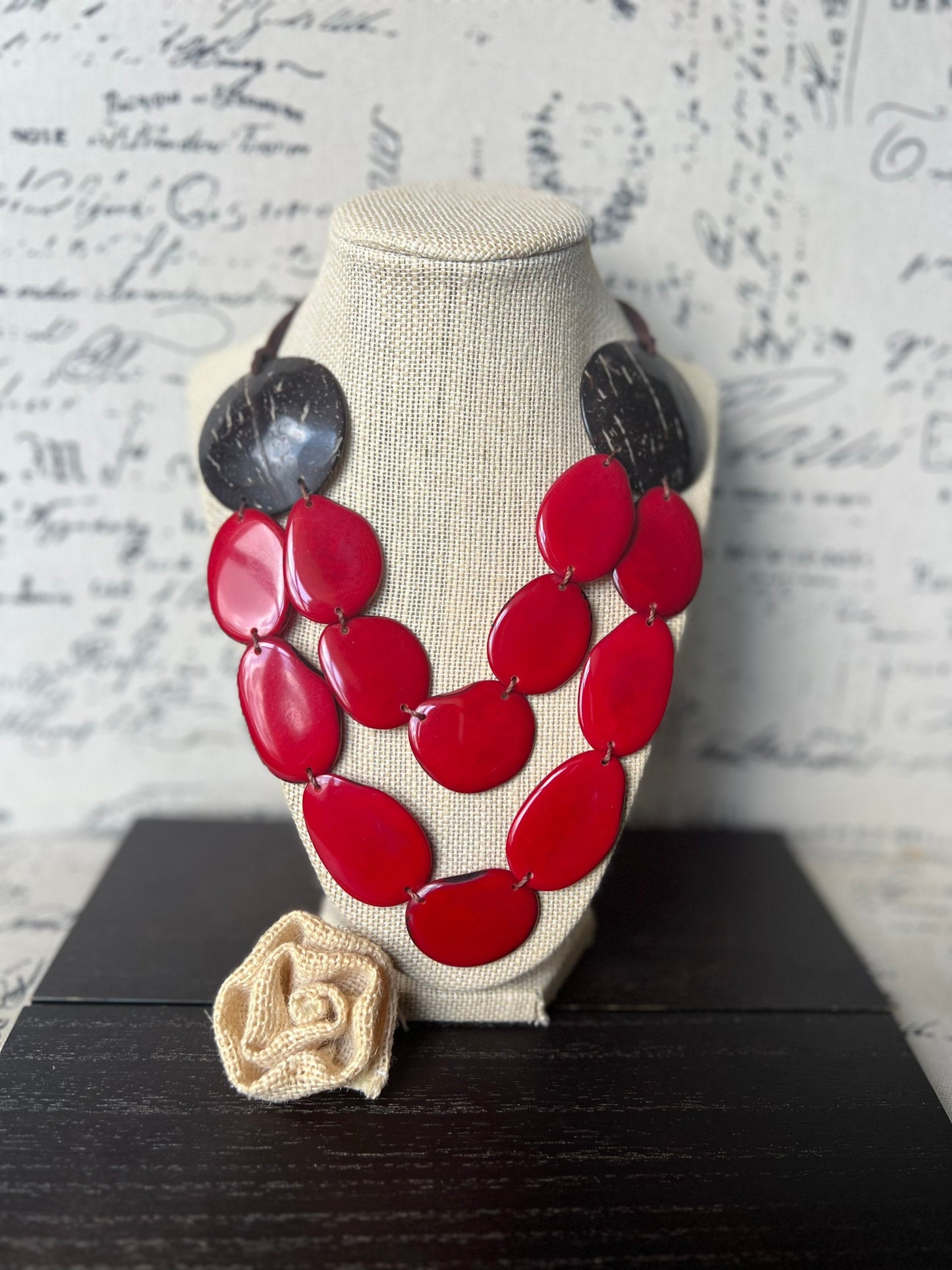 Red statement necklace Tagua jewelry with coconut shell accent Big bold chunky necklace Xmas fashion trends Double layer bib Lightweight
