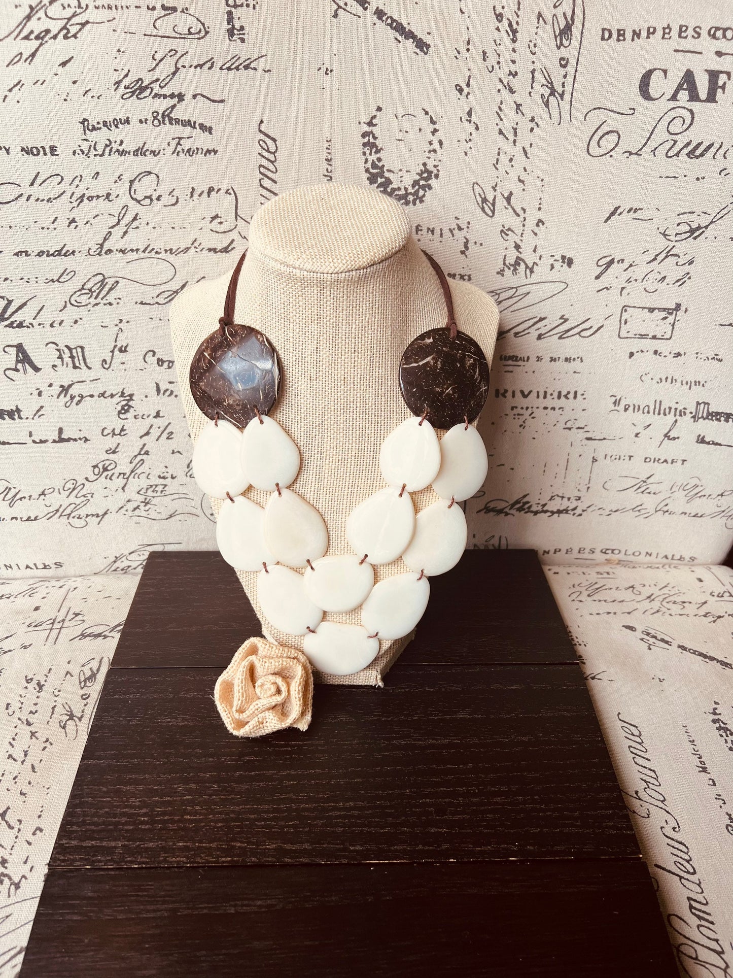Ivory white statement necklace Tagua jewelry with coconut shell accent Big bold chunky necklace Fall fashion trend Double layer Lightweight