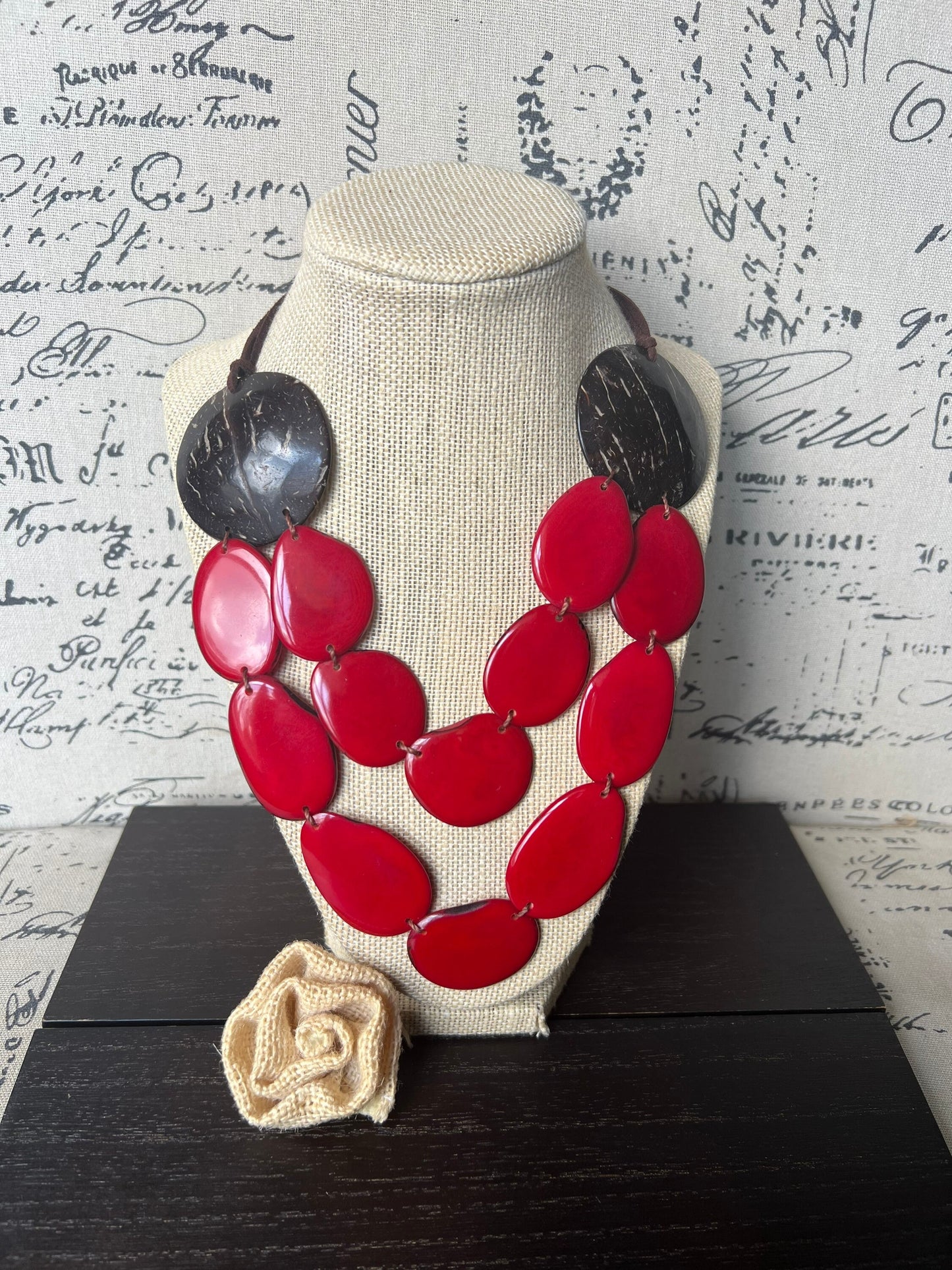 Red statement necklace Tagua jewelry with coconut shell accent Big bold chunky necklace Xmas fashion trends Double layer bib Lightweight