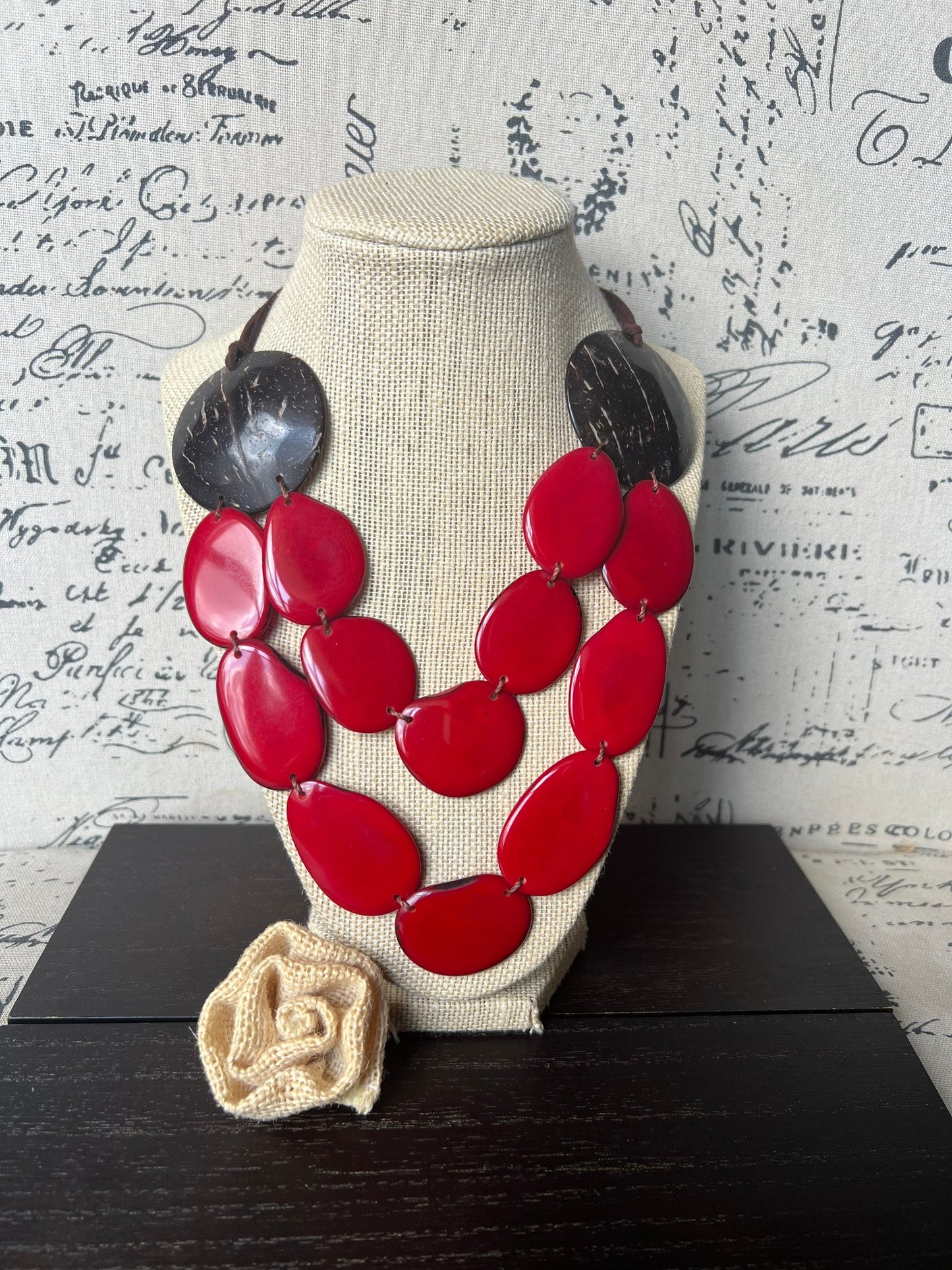Red statement necklace Tagua jewelry with coconut shell accent Big bold chunky necklace Xmas fashion trends Double layer bib Lightweight
