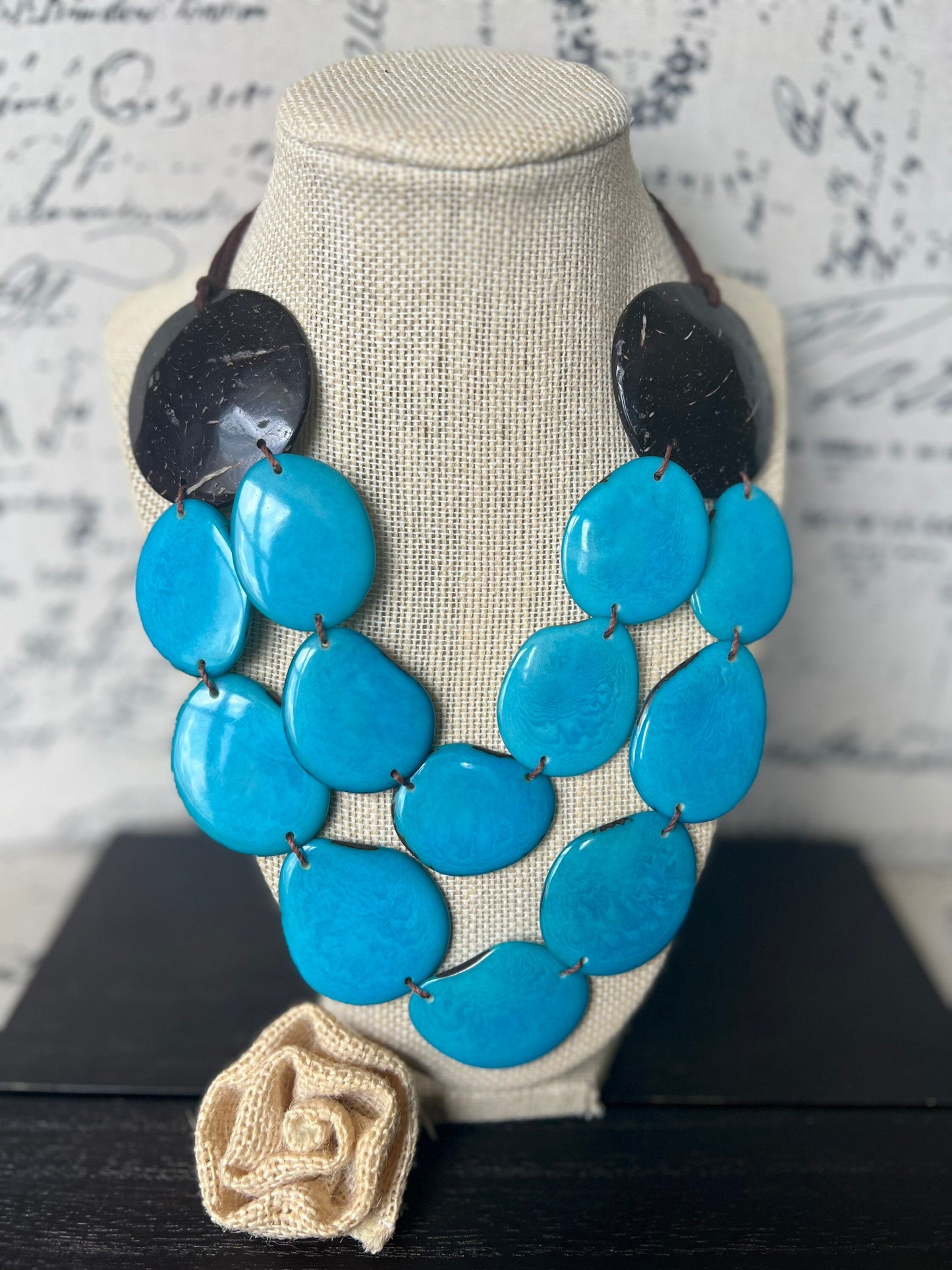 Turquoise blue statement necklace Tagua jewelry with coconut shell accent Big bold chunky necklace Beach fashion Double layer Lightweight