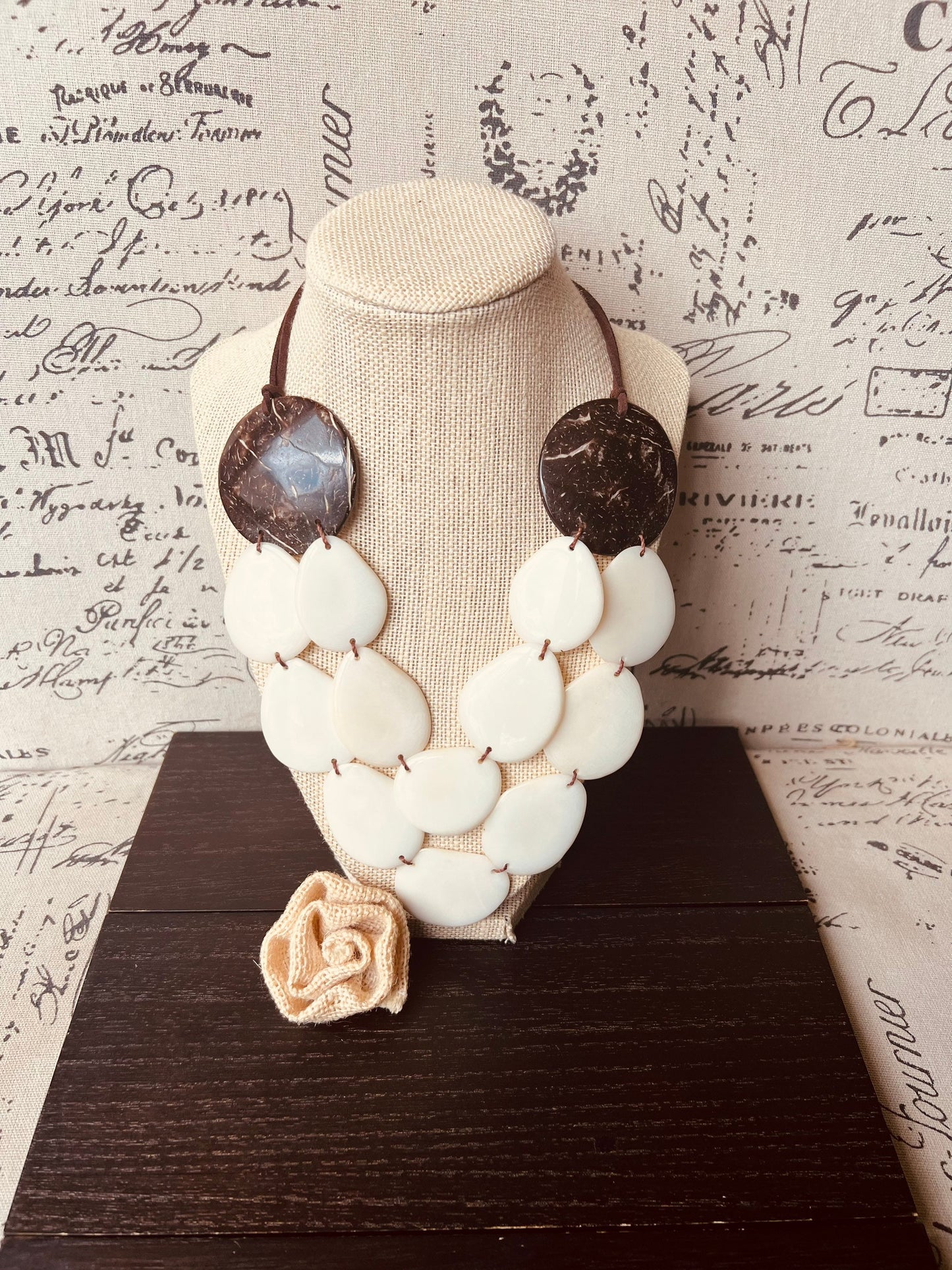 Ivory white statement necklace Tagua jewelry with coconut shell accent Big bold chunky necklace Fall fashion trend Double layer Lightweight