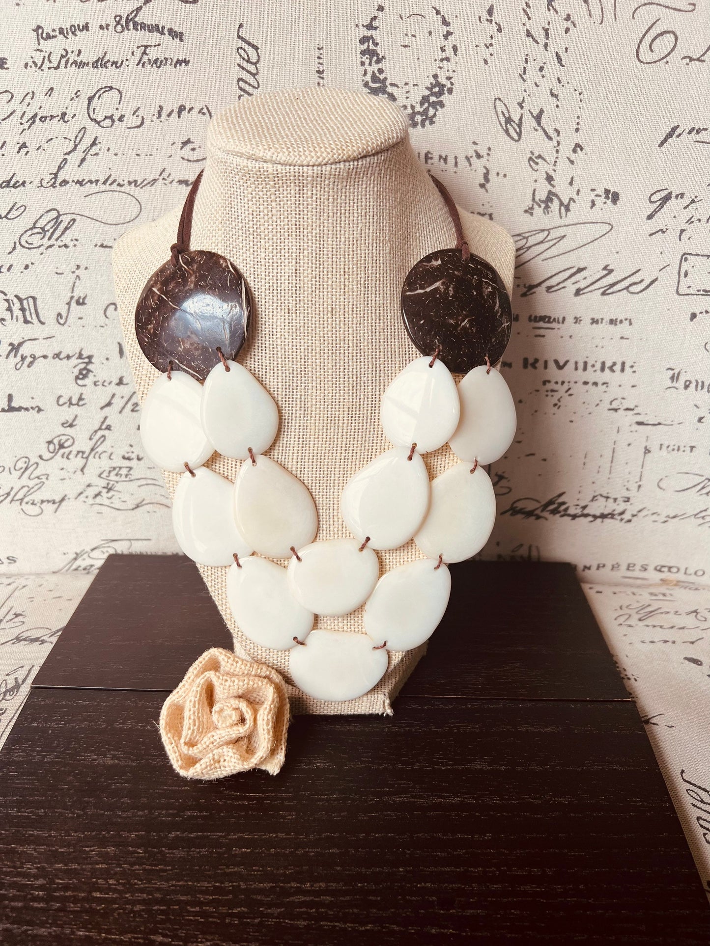 Ivory white statement necklace Tagua jewelry with coconut shell accent Big bold chunky necklace Fall fashion trend Double layer Lightweight