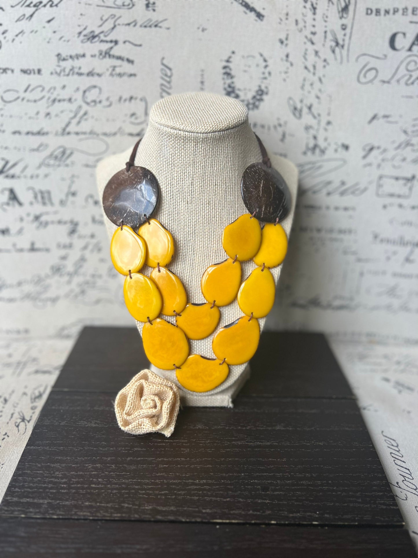 Yellow statement necklace Tagua jewelry with coconut shell accent Big bold chunky necklace Fall fashion trends Double layer bib Lightweight