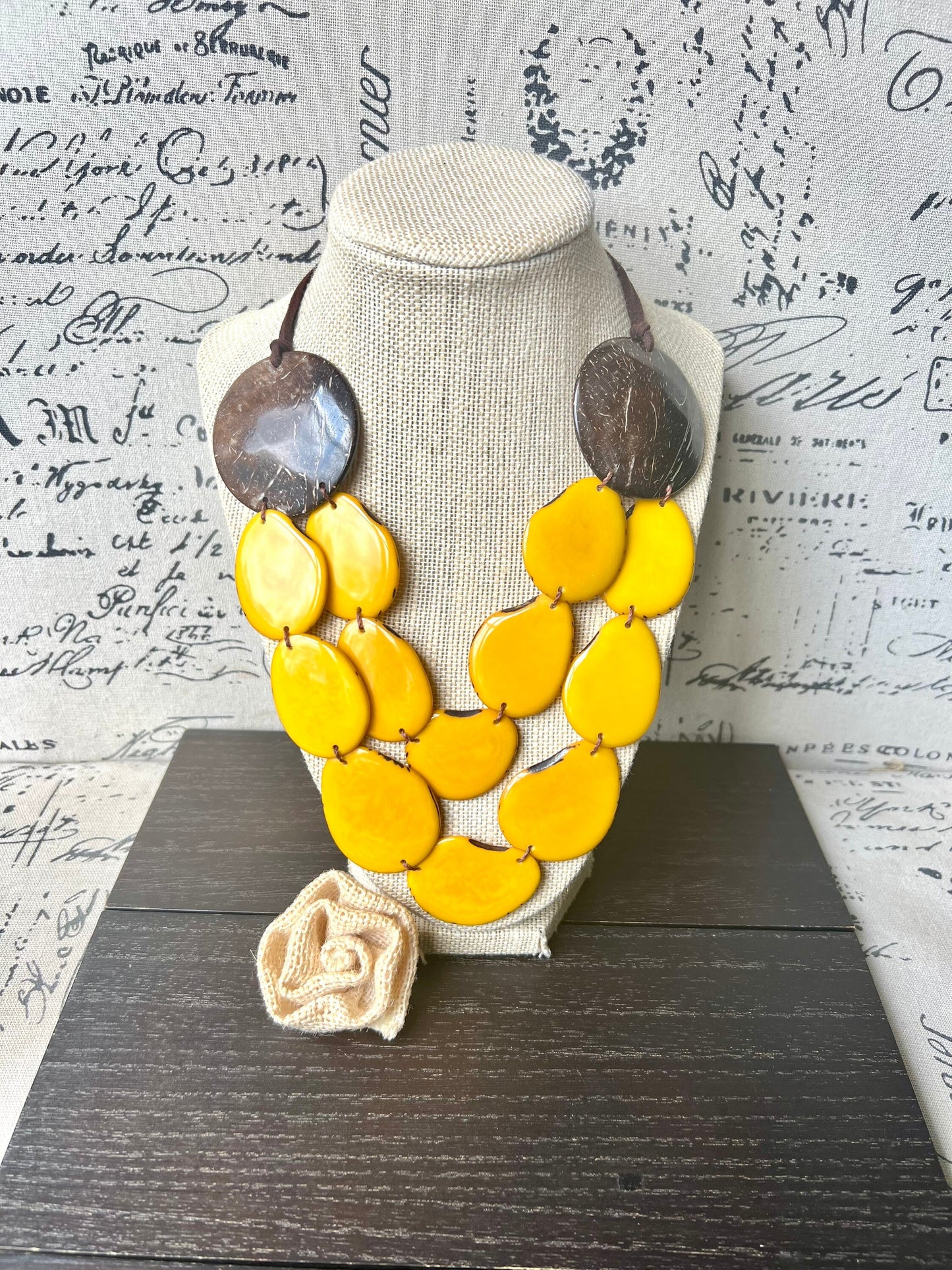 Yellow statement necklace Tagua jewelry with coconut shell accent Big bold chunky necklace Fall fashion trends Double layer bib Lightweight