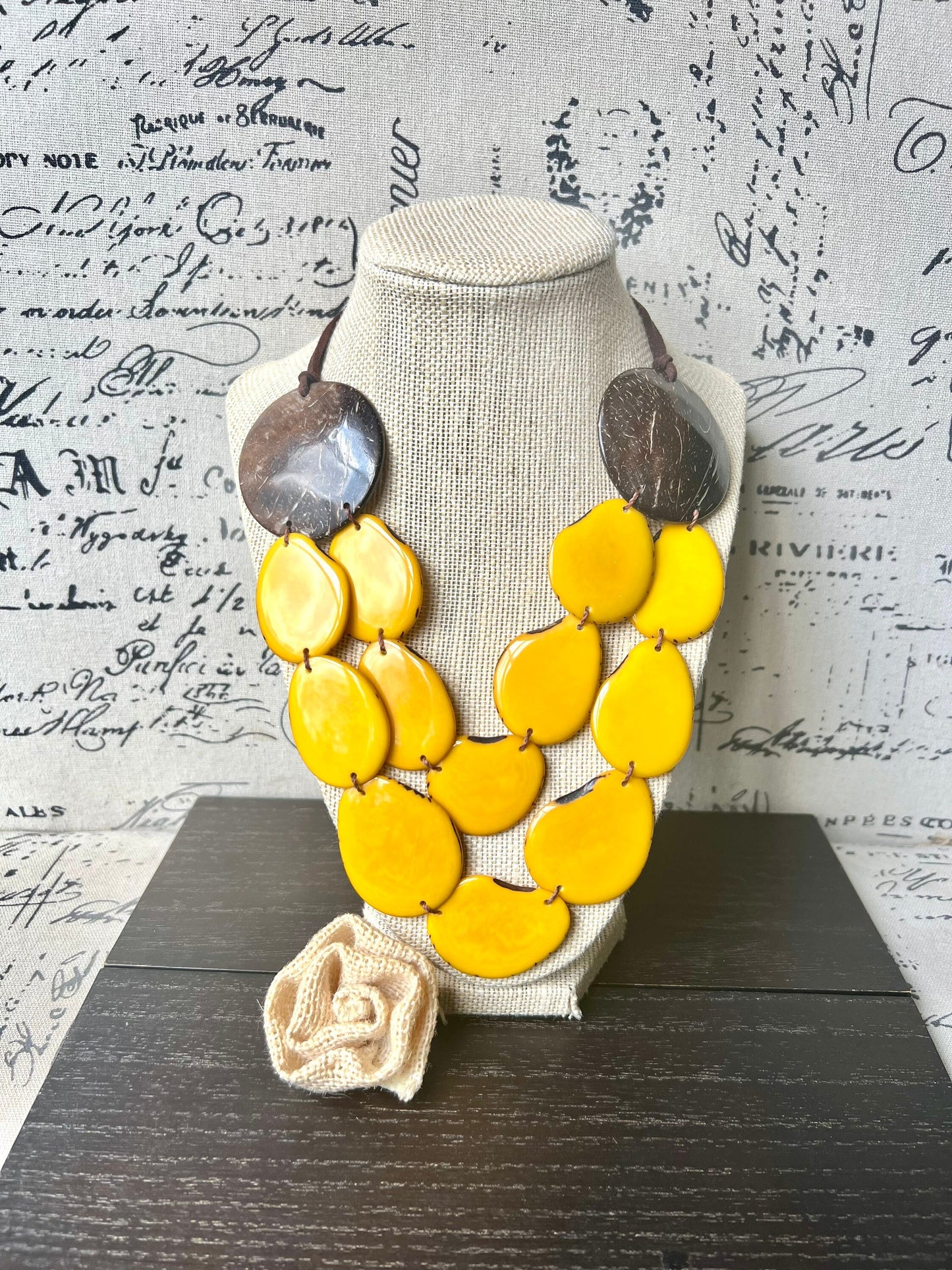 Yellow statement necklace Tagua jewelry with coconut shell accent Big bold chunky necklace Fall fashion trends Double layer bib Lightweight