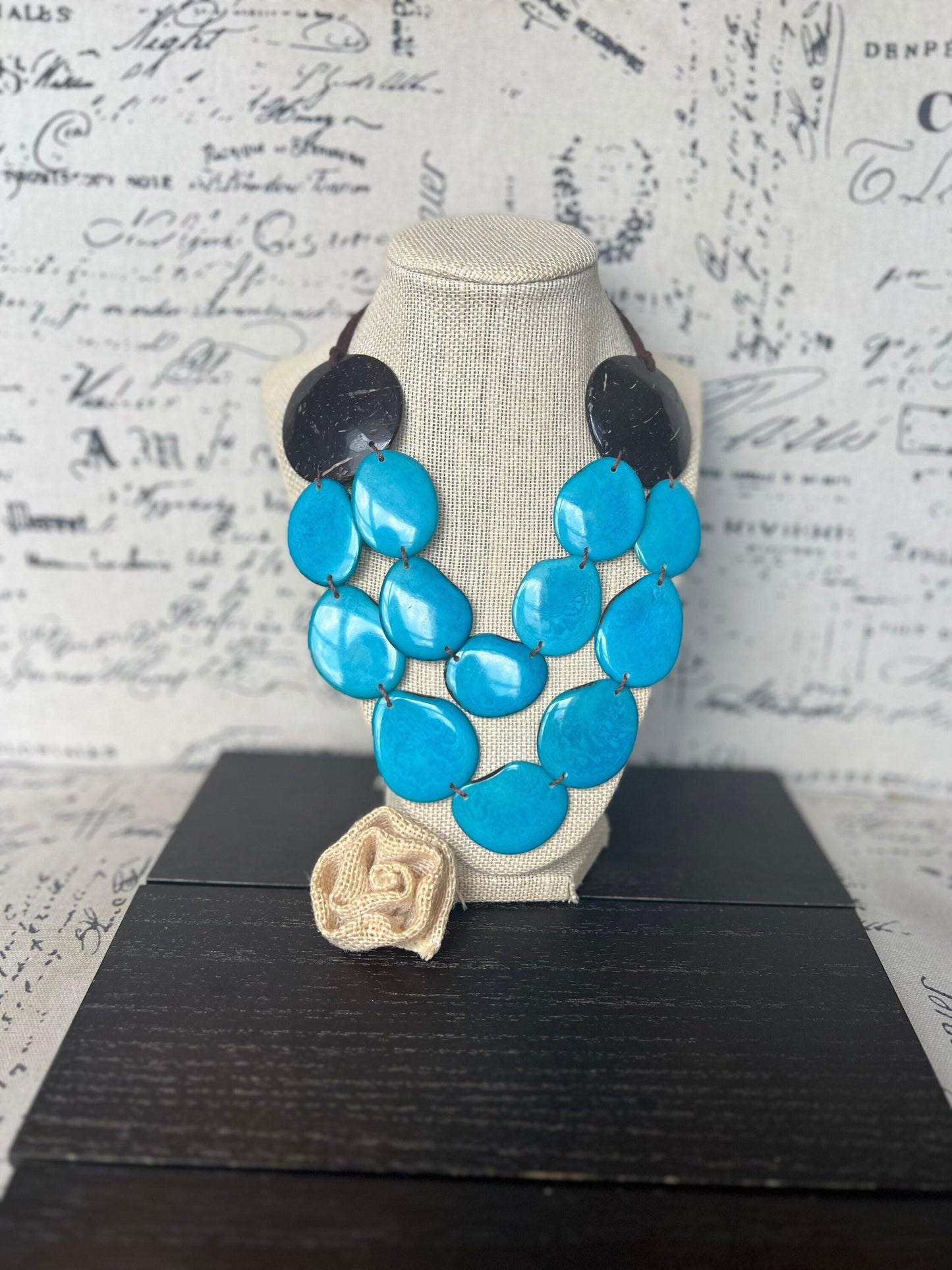 Turquoise blue statement necklace Tagua jewelry with coconut shell accent Big bold chunky necklace Beach fashion Double layer Lightweight