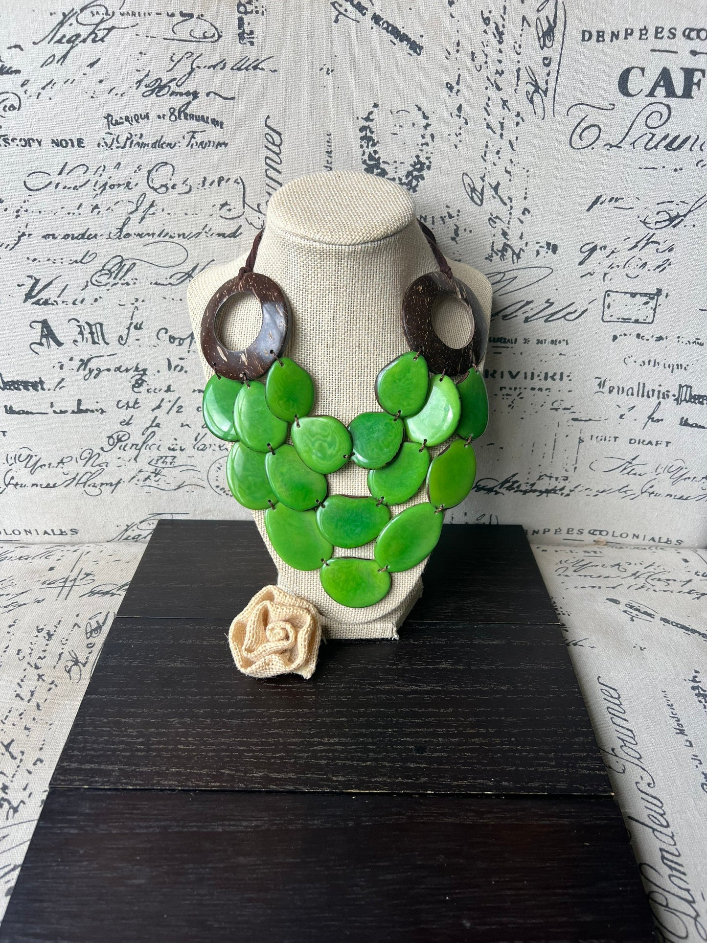 Green Tagua necklace with coconut shell accents Triple layer beaded bib with leather strap Statement necklace Big bold chunky necklace