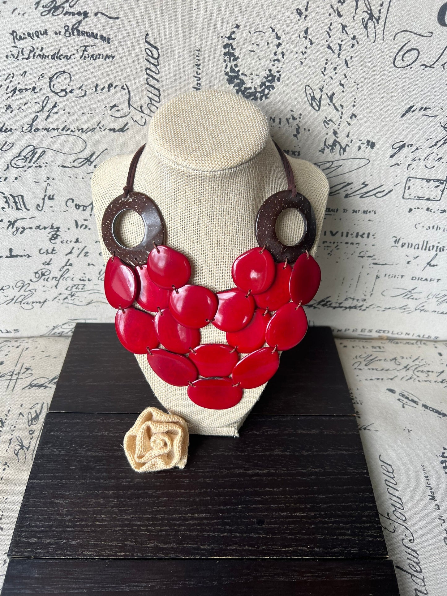 Red Tagua necklace with coconut shell accent Statement necklace Layered beaded bib with leather strap Big bold chunky necklace Gift for wife