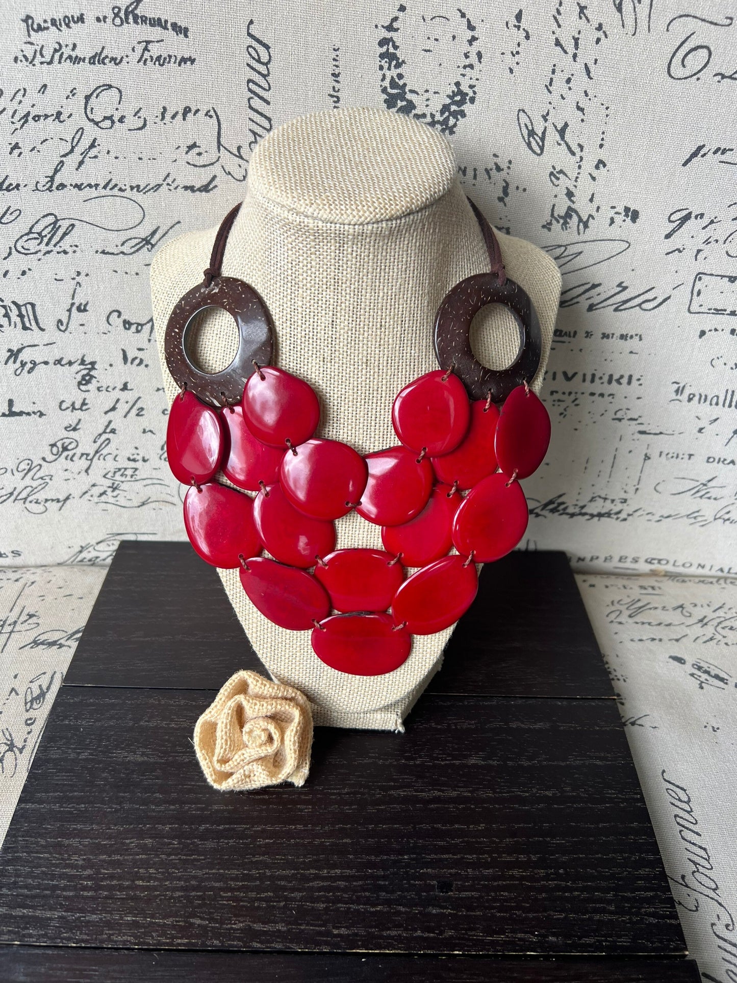 Red Tagua necklace with coconut shell accent Statement necklace Layered beaded bib with leather strap Big bold chunky necklace Gift for wife