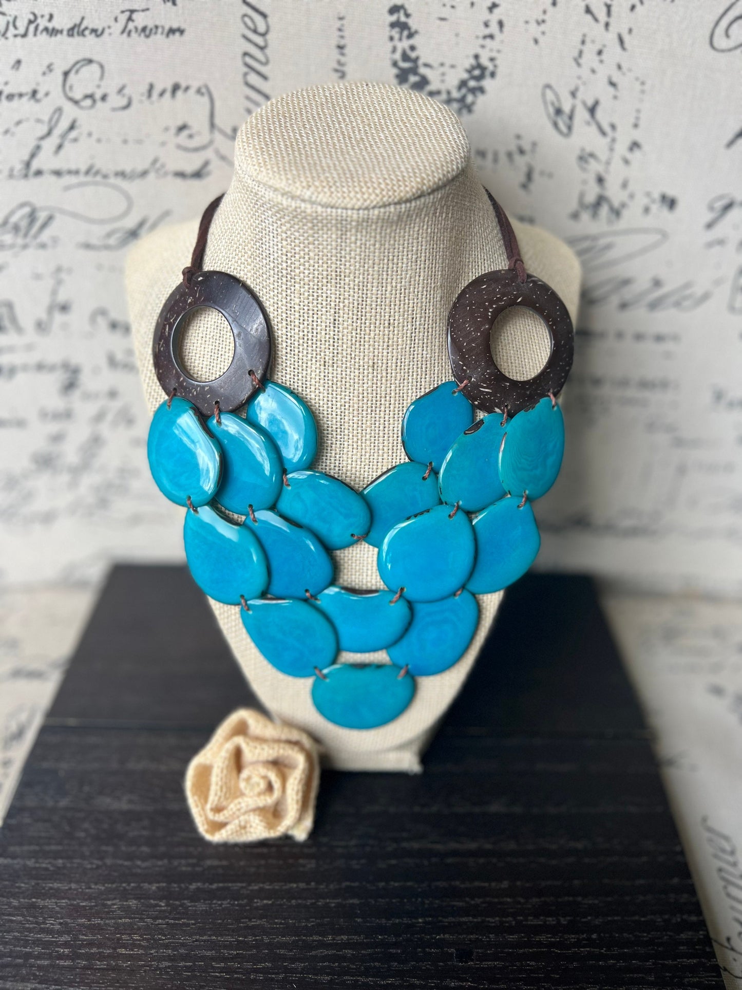 Turquoise blue Tagua necklace with coconut shell accents Statement necklace Layered beaded bib with leather strap Big bold chunky necklace