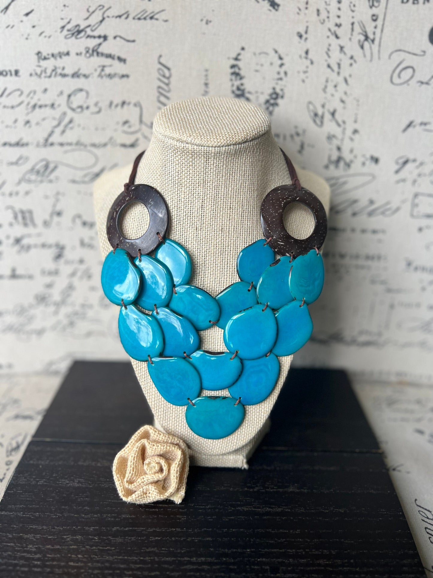 Turquoise blue Tagua necklace with coconut shell accents Statement necklace Layered beaded bib with leather strap Big bold chunky necklace
