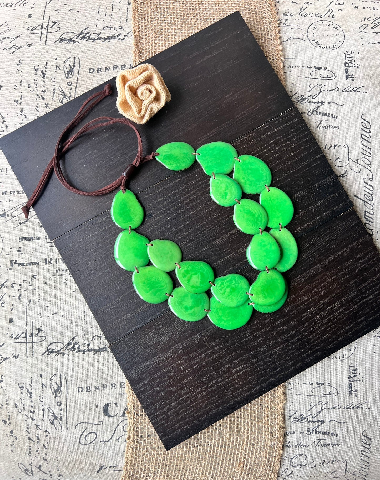 Green statement necklace Tagua jewelry Double layer bib Big bold chunky necklace 2 Two strands adjustable length Cruise beach wear for women