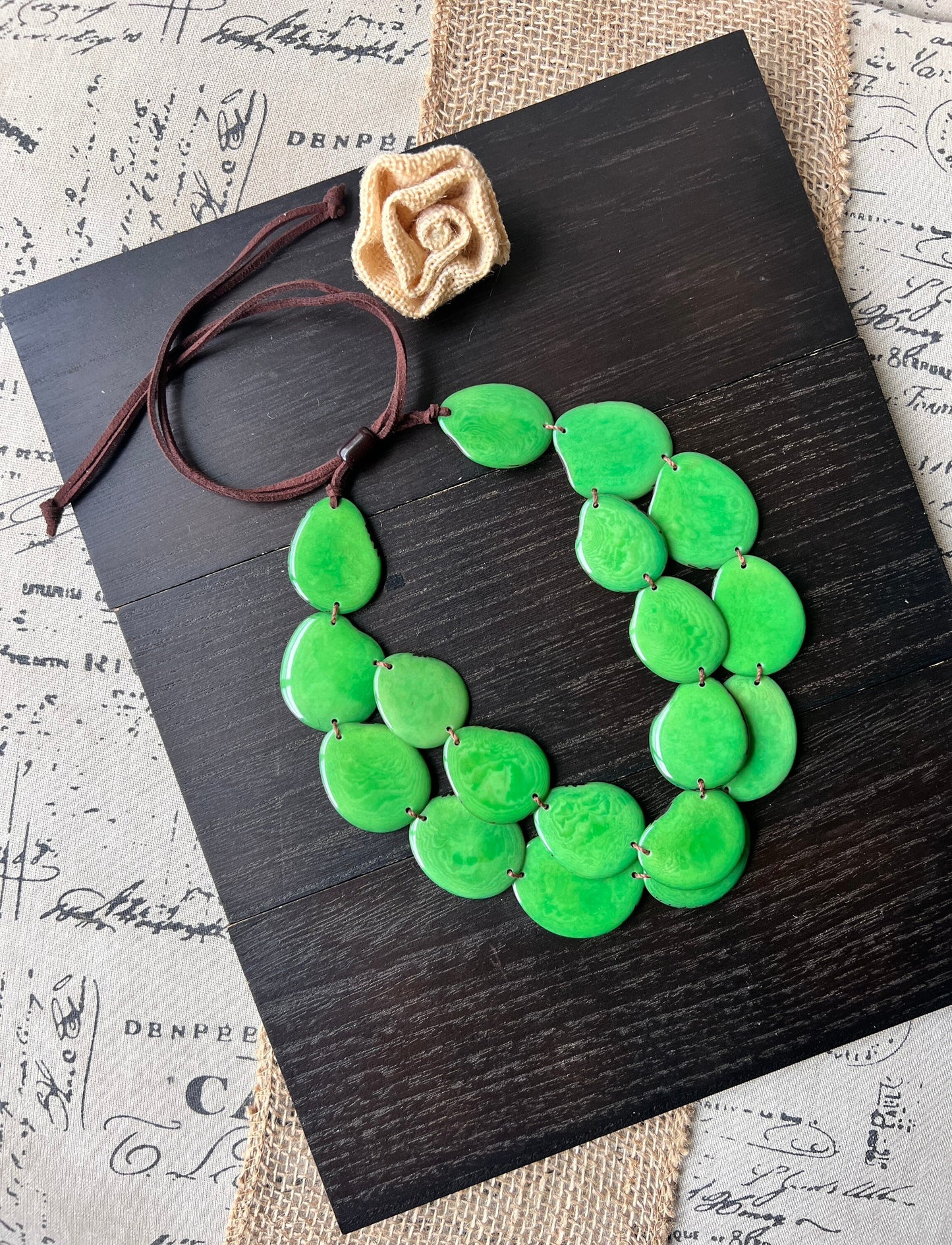 Green statement necklace Tagua jewelry Double layer bib Big bold chunky necklace 2 Two strands adjustable length Cruise beach wear for women