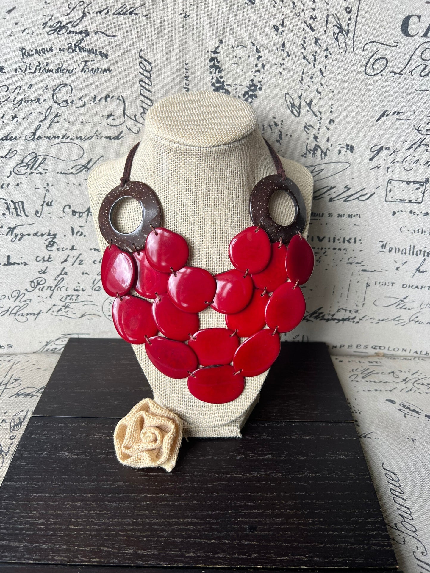 Red Tagua necklace with coconut shell accent Statement necklace Layered beaded bib with leather strap Big bold chunky necklace Gift for wife