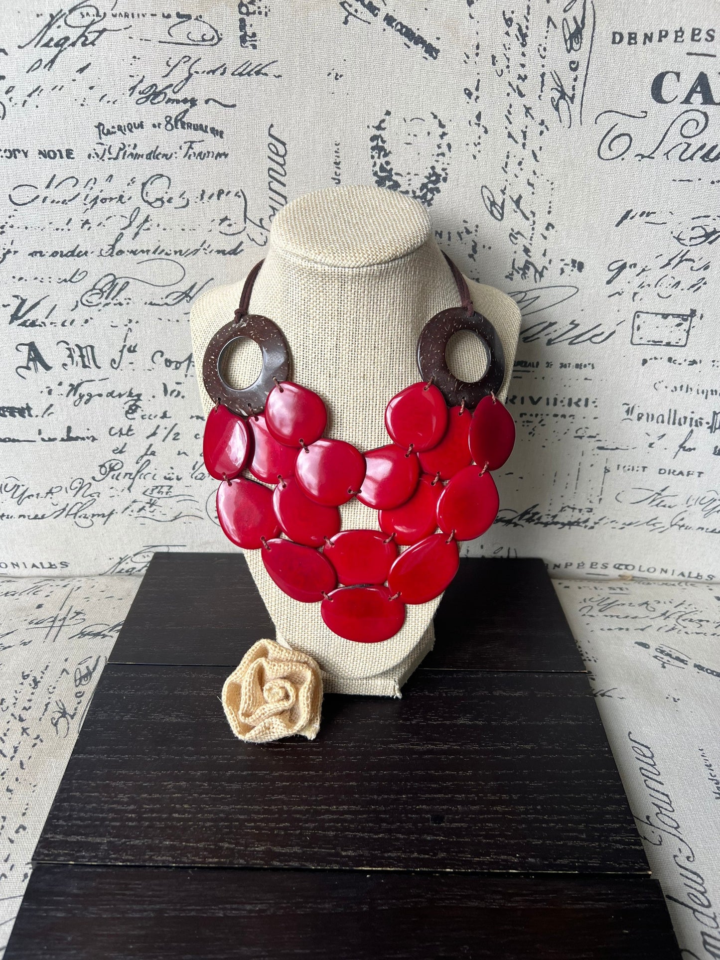 Red Tagua necklace with coconut shell accent Statement necklace Layered beaded bib with leather strap Big bold chunky necklace Gift for wife