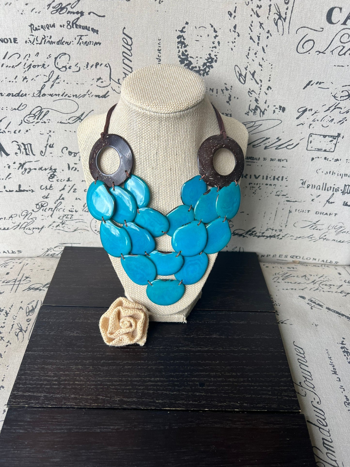 Turquoise blue Tagua necklace with coconut shell accents Statement necklace Layered beaded bib with leather strap Big bold chunky necklace