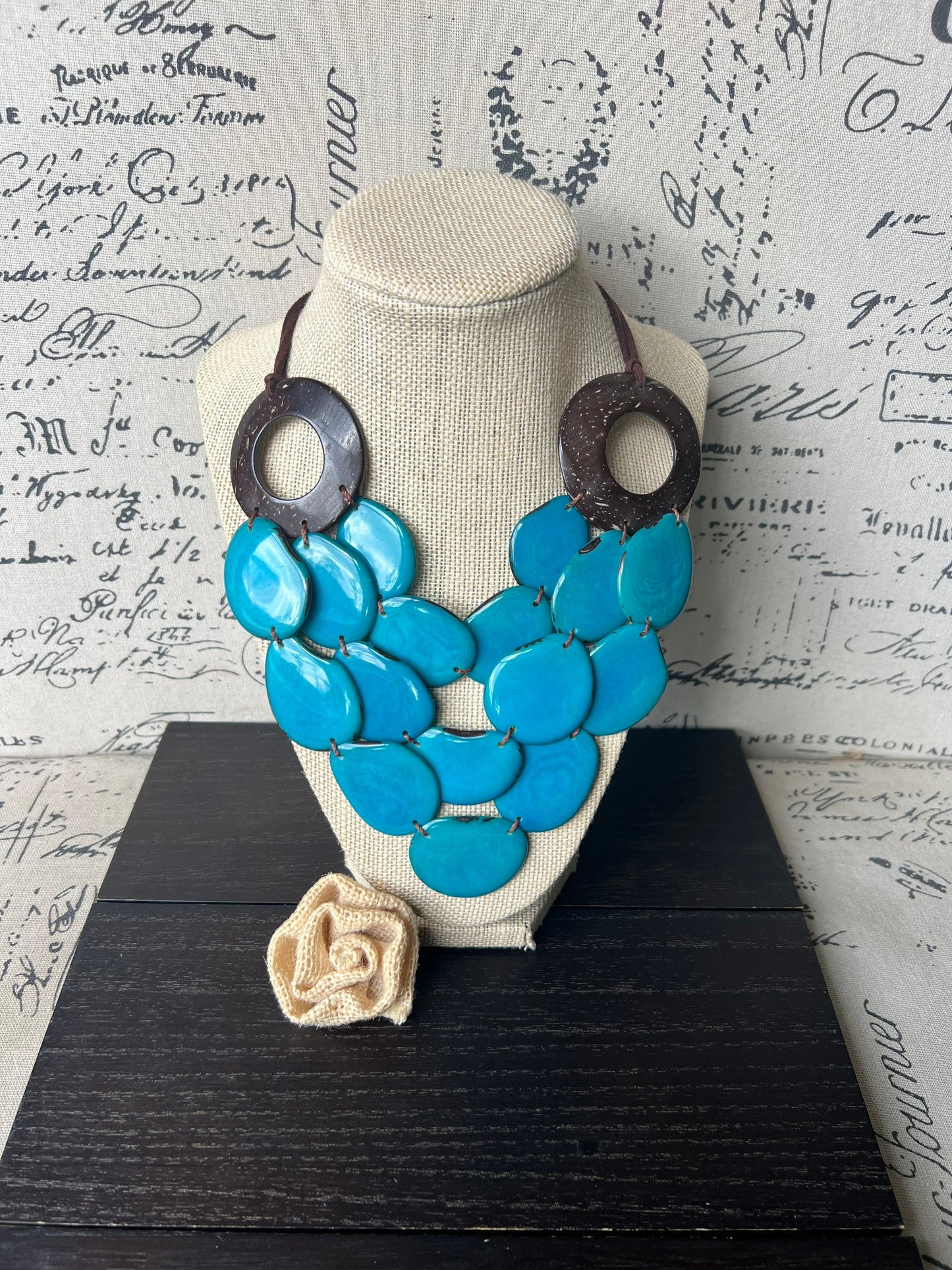 Turquoise blue Tagua necklace with coconut shell accents Statement necklace Layered beaded bib with leather strap Big bold chunky necklace