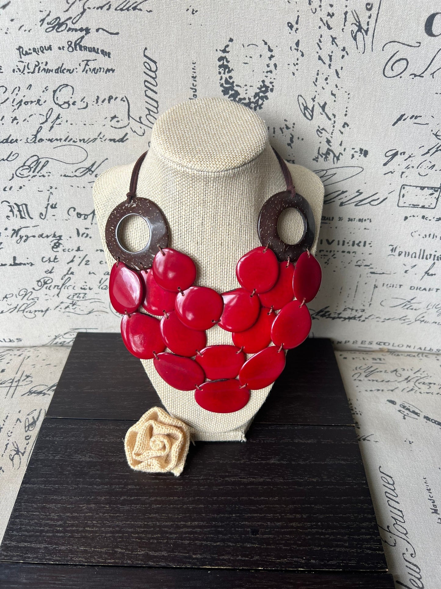 Red Tagua necklace with coconut shell accent Statement necklace Layered beaded bib with leather strap Big bold chunky necklace Gift for wife