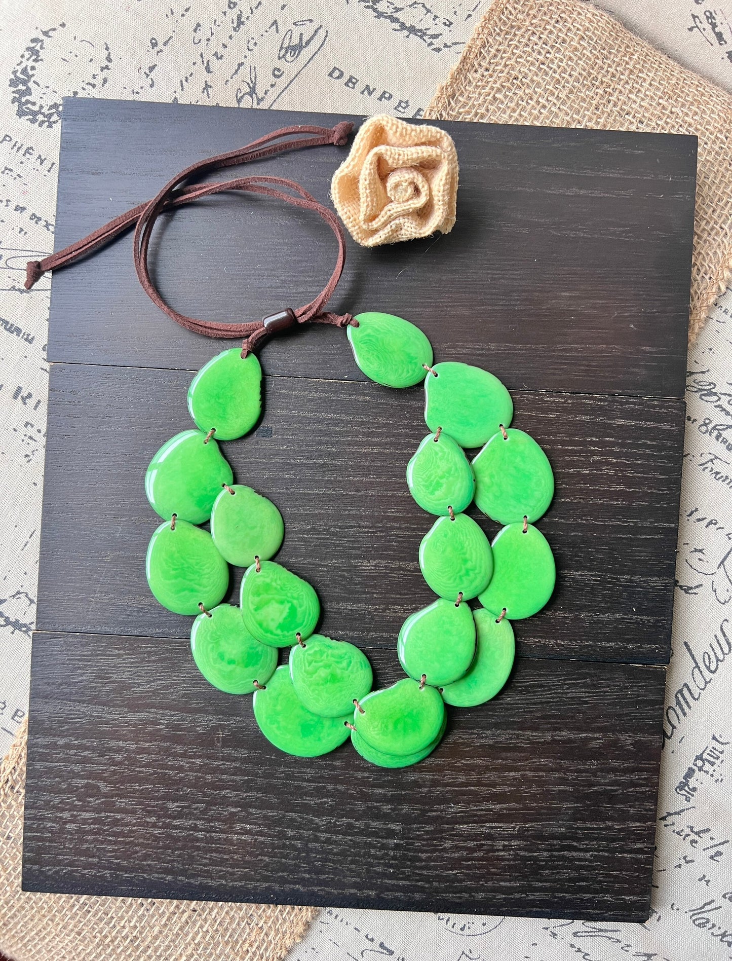 Green statement necklace Tagua jewelry Double layer bib Big bold chunky necklace 2 Two strands adjustable length Cruise beach wear for women