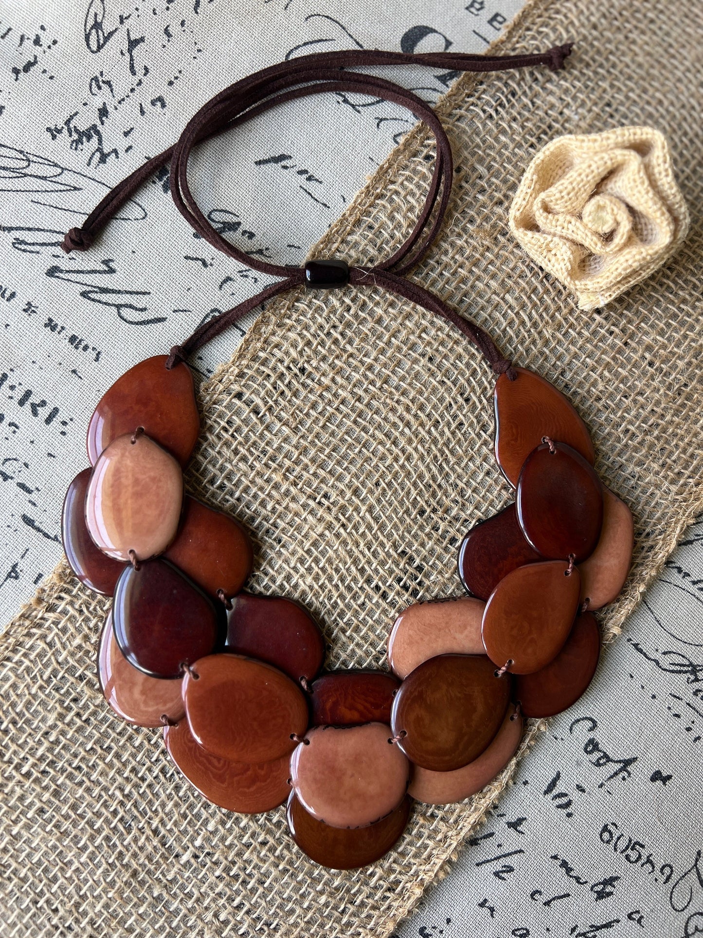 Brown huge beaded necklace Tagua nut jewelry Big bold chunky necklace Triple 3 strands bib collar Adjustable leather straps Summer fashion