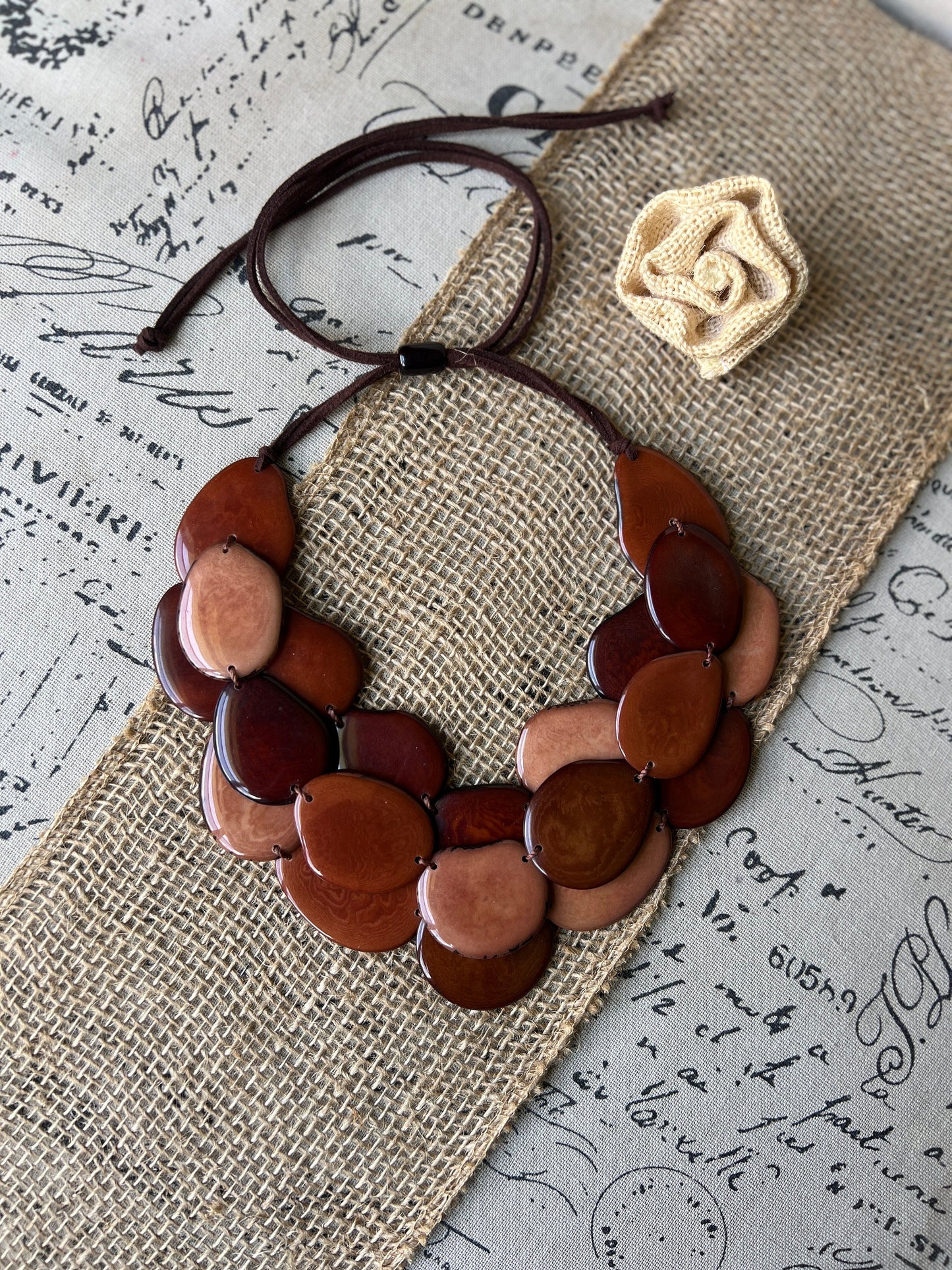 Brown huge beaded necklace Tagua nut jewelry Big bold chunky necklace Triple 3 strands bib collar Adjustable leather straps Summer fashion