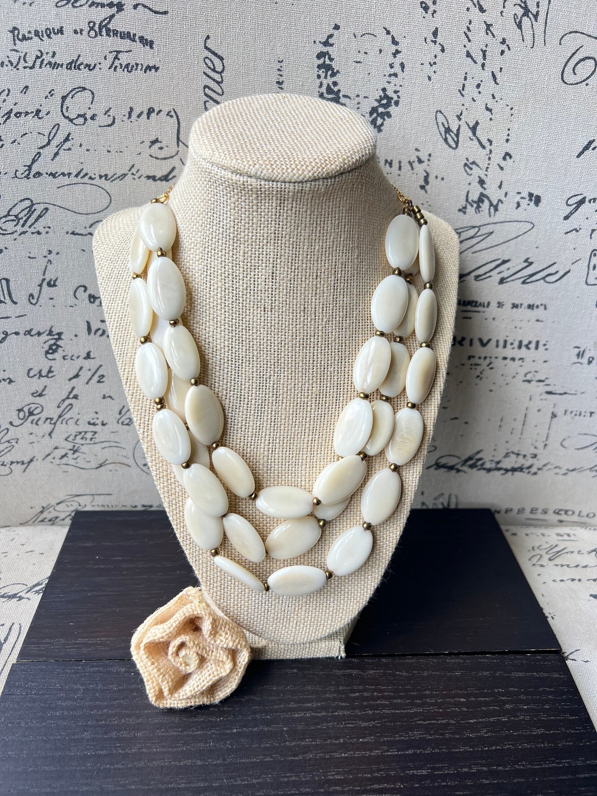 Ivory white fashion 3 layer necklace Tagua nut necklace Lightweight necklace with gold chain Triple strands bib adjustable collar Gift ideas