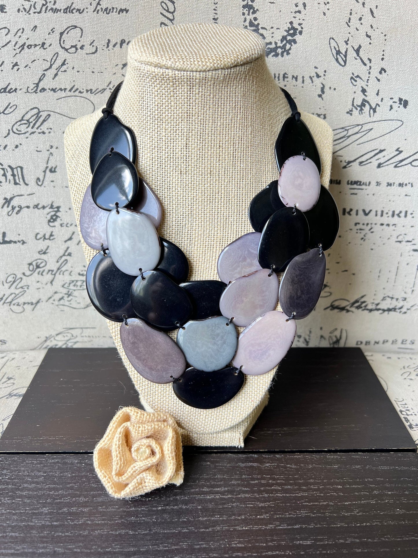 Black and gray Tagua necklace Statement necklace Layered beaded necklace with leather strap Big bold chunky necklace Multi strand bib