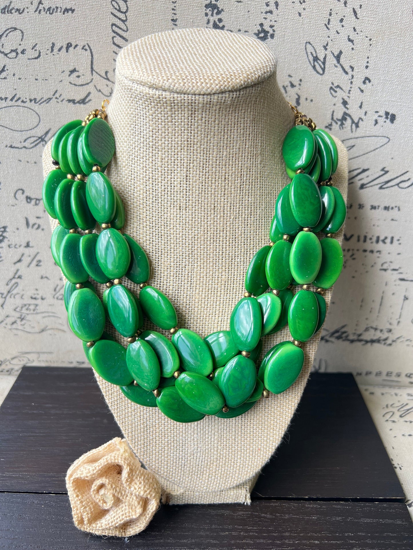 Green fashion multi strand necklace Statement beaded bib necklace for women Tagua nut necklace Lightweight with gold chain Big bold chunky