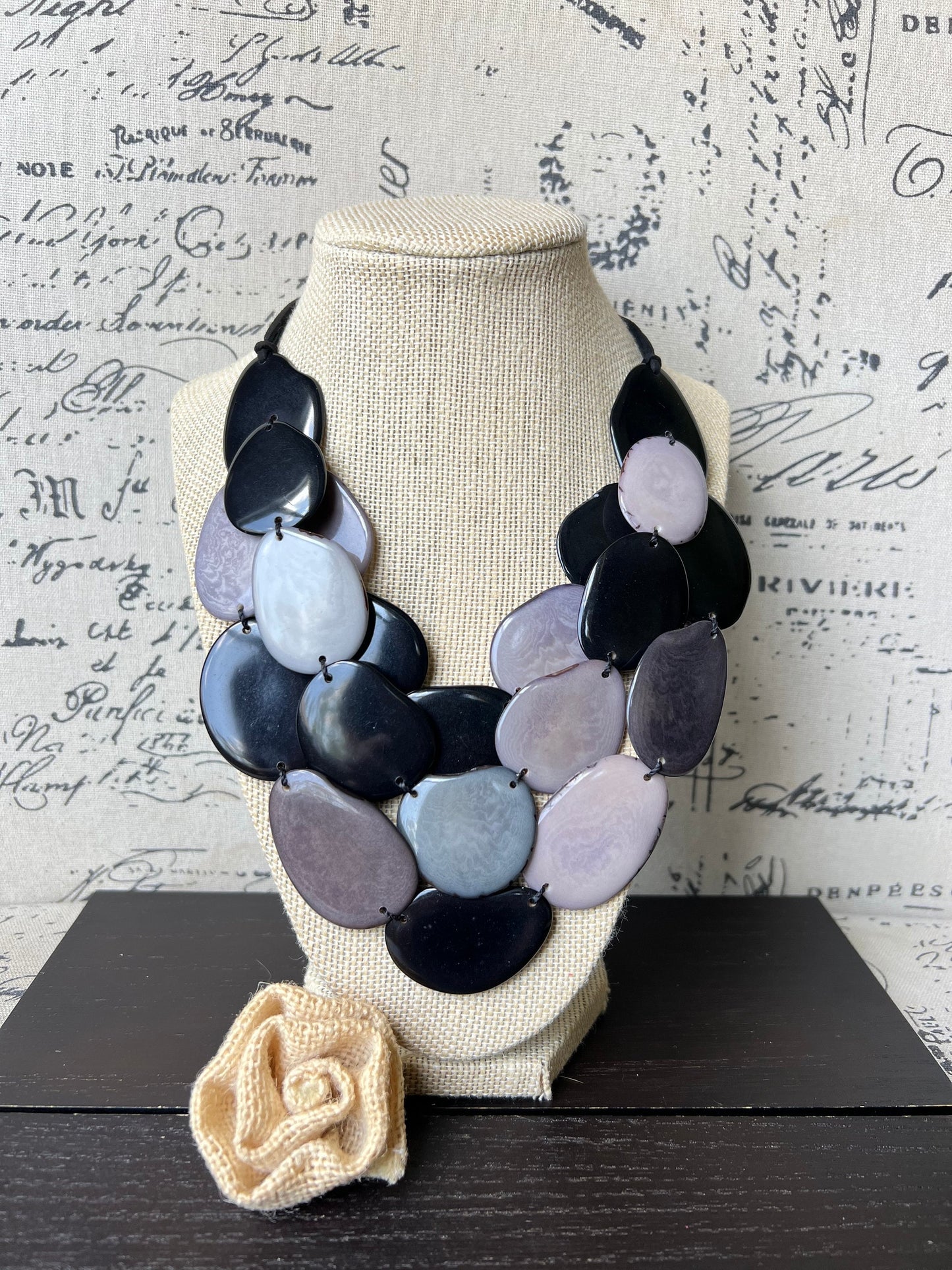 Black and gray Tagua necklace Statement necklace Layered beaded necklace with leather strap Big bold chunky necklace Multi strand bib