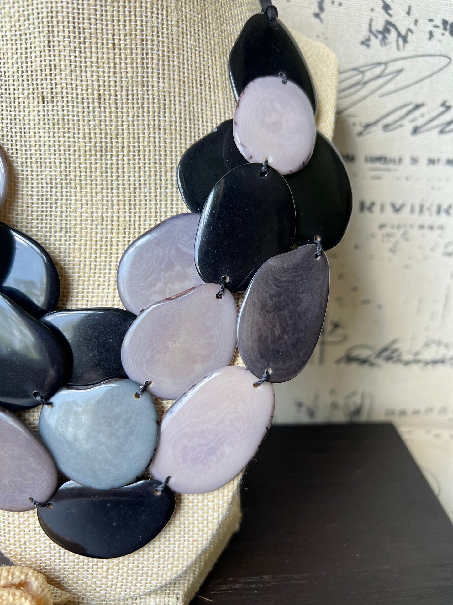 Black and gray Tagua necklace Statement necklace Layered beaded necklace with leather strap Big bold chunky necklace Multi strand bib