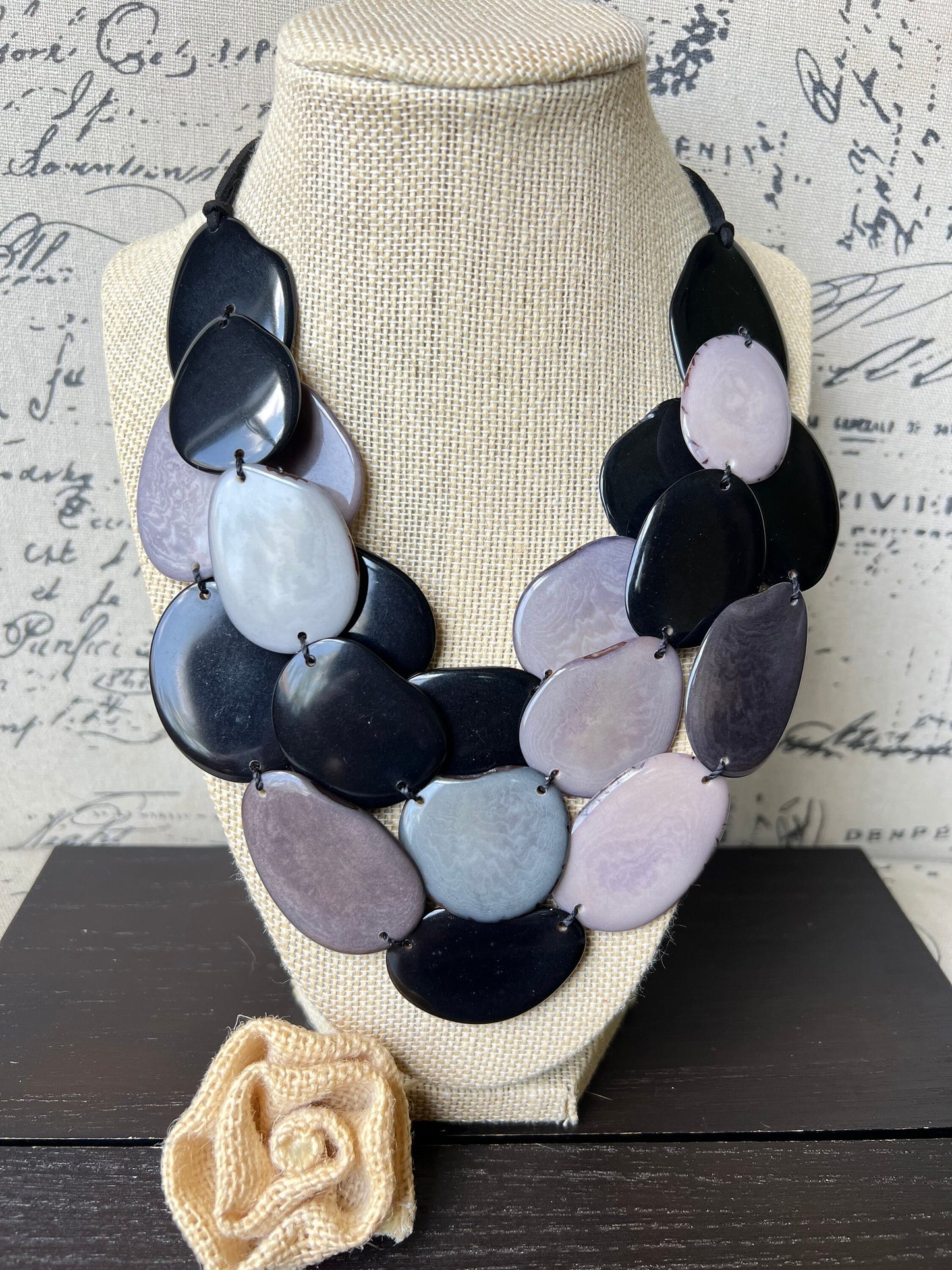 Black and gray Tagua necklace Statement necklace Layered beaded necklace with leather strap Big bold chunky necklace Multi strand bib