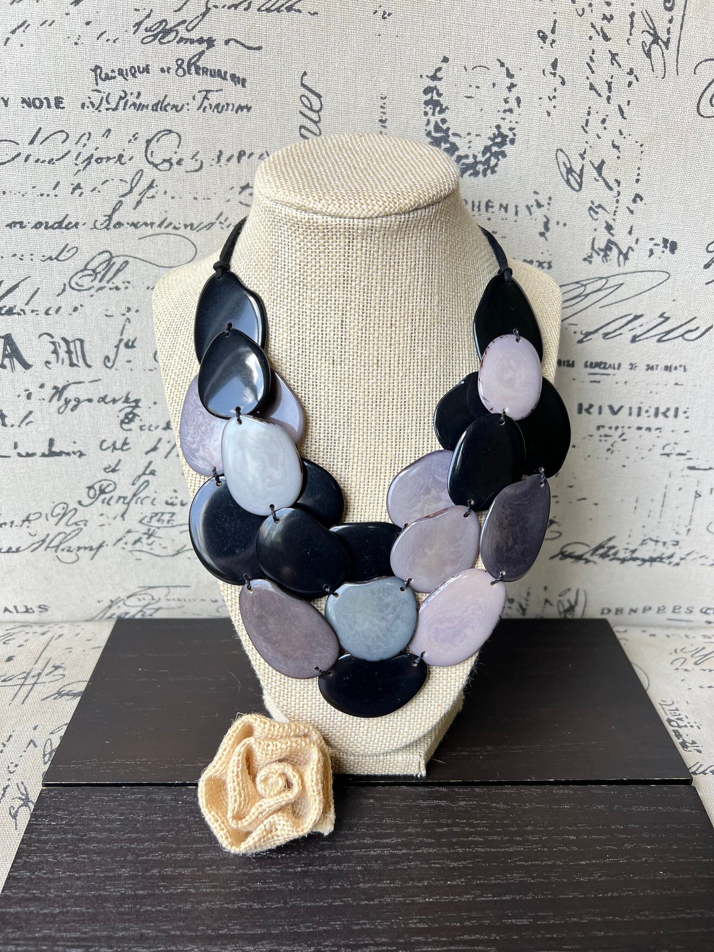 Black and gray Tagua necklace Statement necklace Layered beaded necklace with leather strap Big bold chunky necklace Multi strand bib