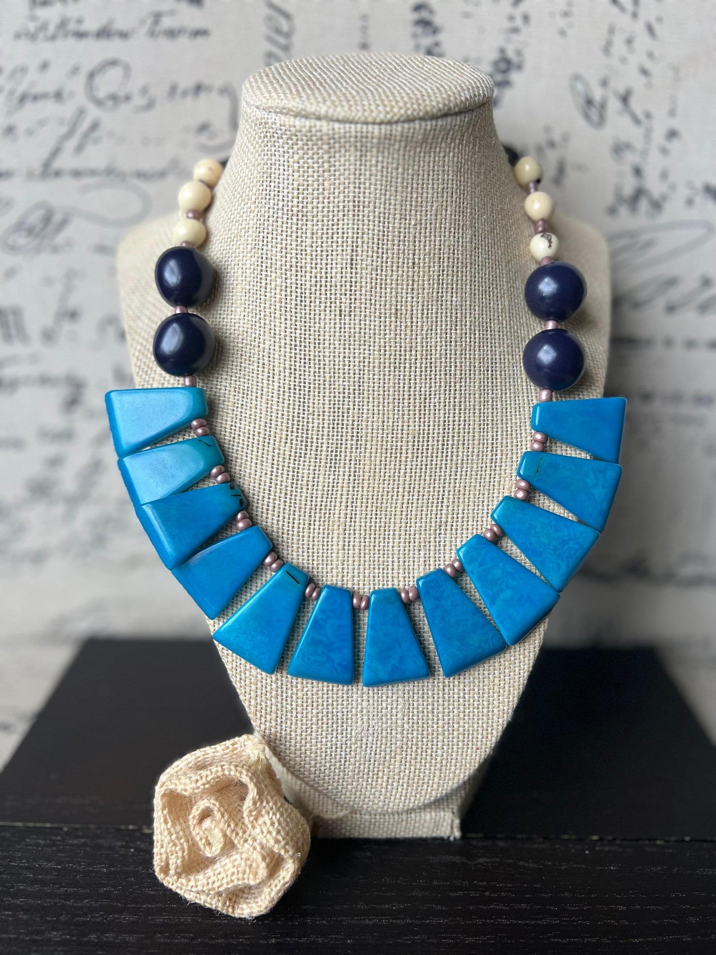 Turquoise blue statement adjustable Tagua necklace Xmas fashion Holidays gift Big bold chunky necklace Anniversary present Lightweight bib
