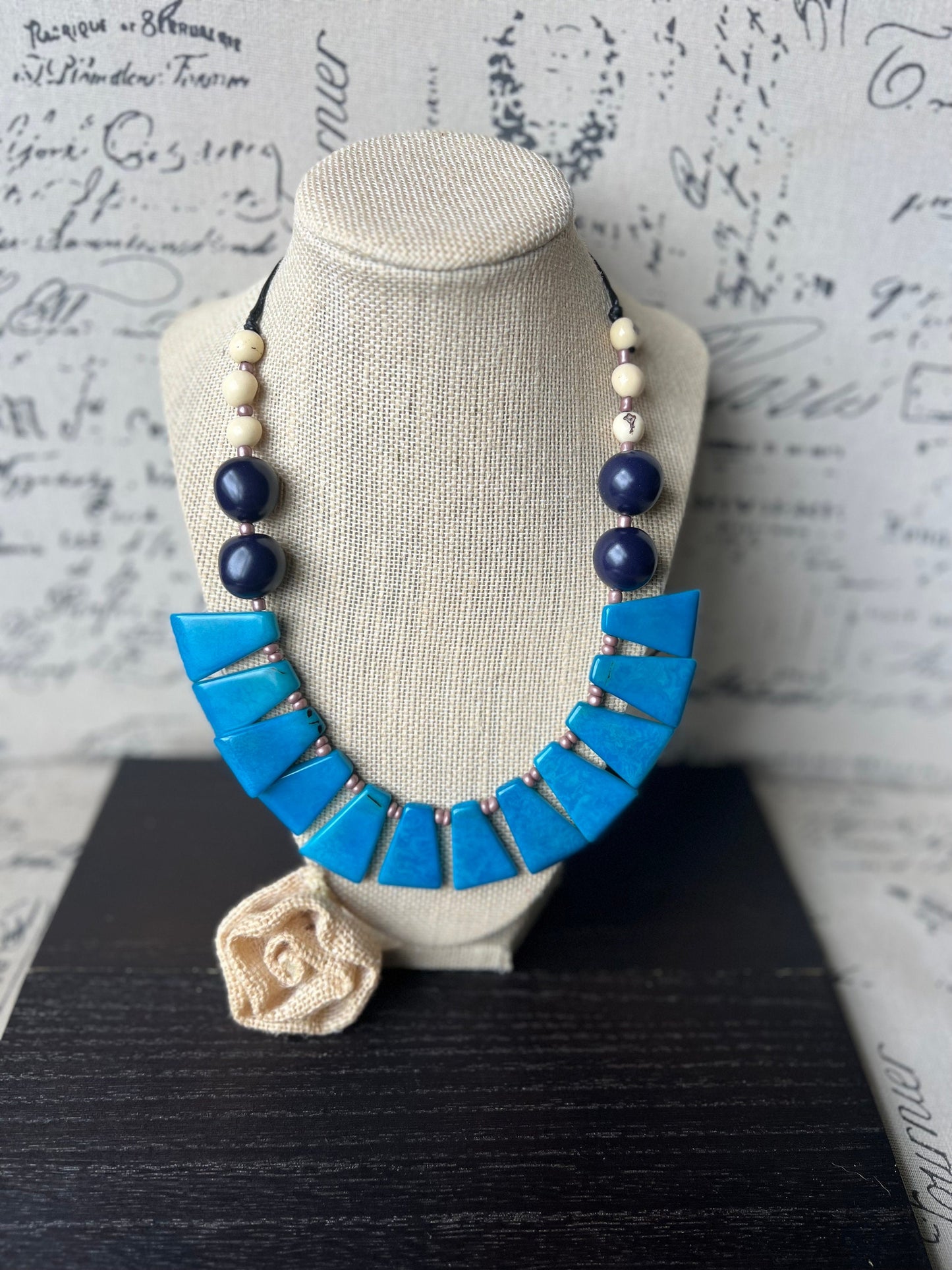 Turquoise blue statement adjustable Tagua necklace Xmas fashion Holidays gift Big bold chunky necklace Anniversary present Lightweight bib