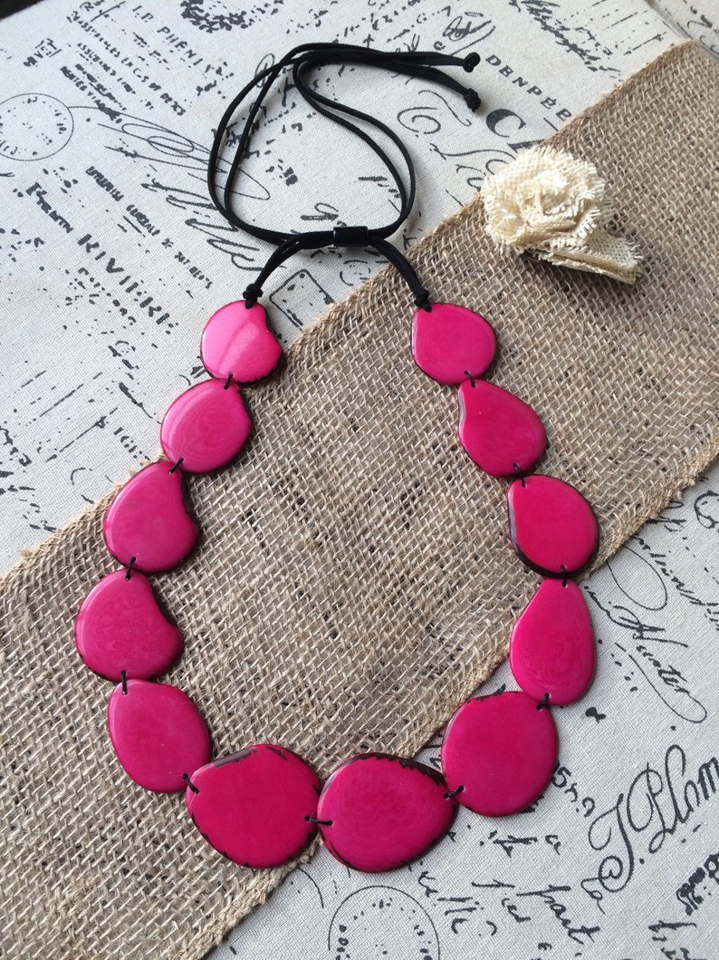 Hot Pink Beaded Tagua Nut Necklace Galapagos Tagua Jewelry