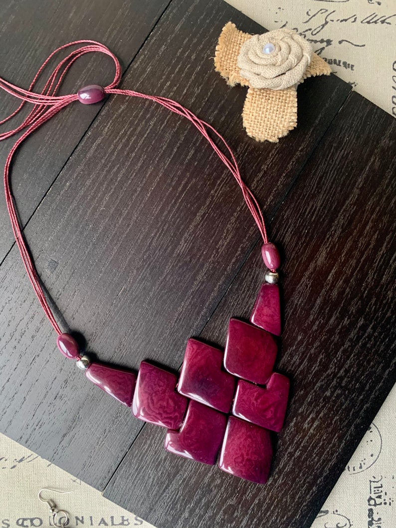 Purple Geometric Beads Statement Tagua Nut Necklace Galapagos Tagua